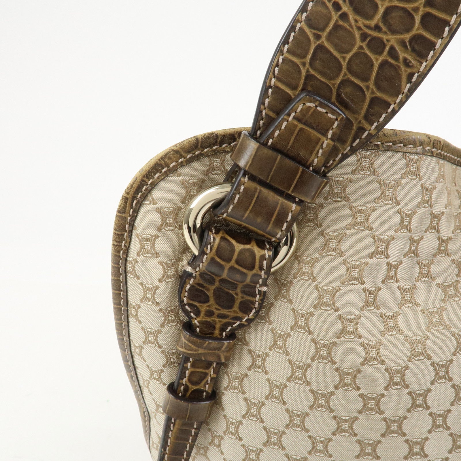 CELINE Macadam Logo Canvas Emboss Leather Shoulder Bag Beige Brown