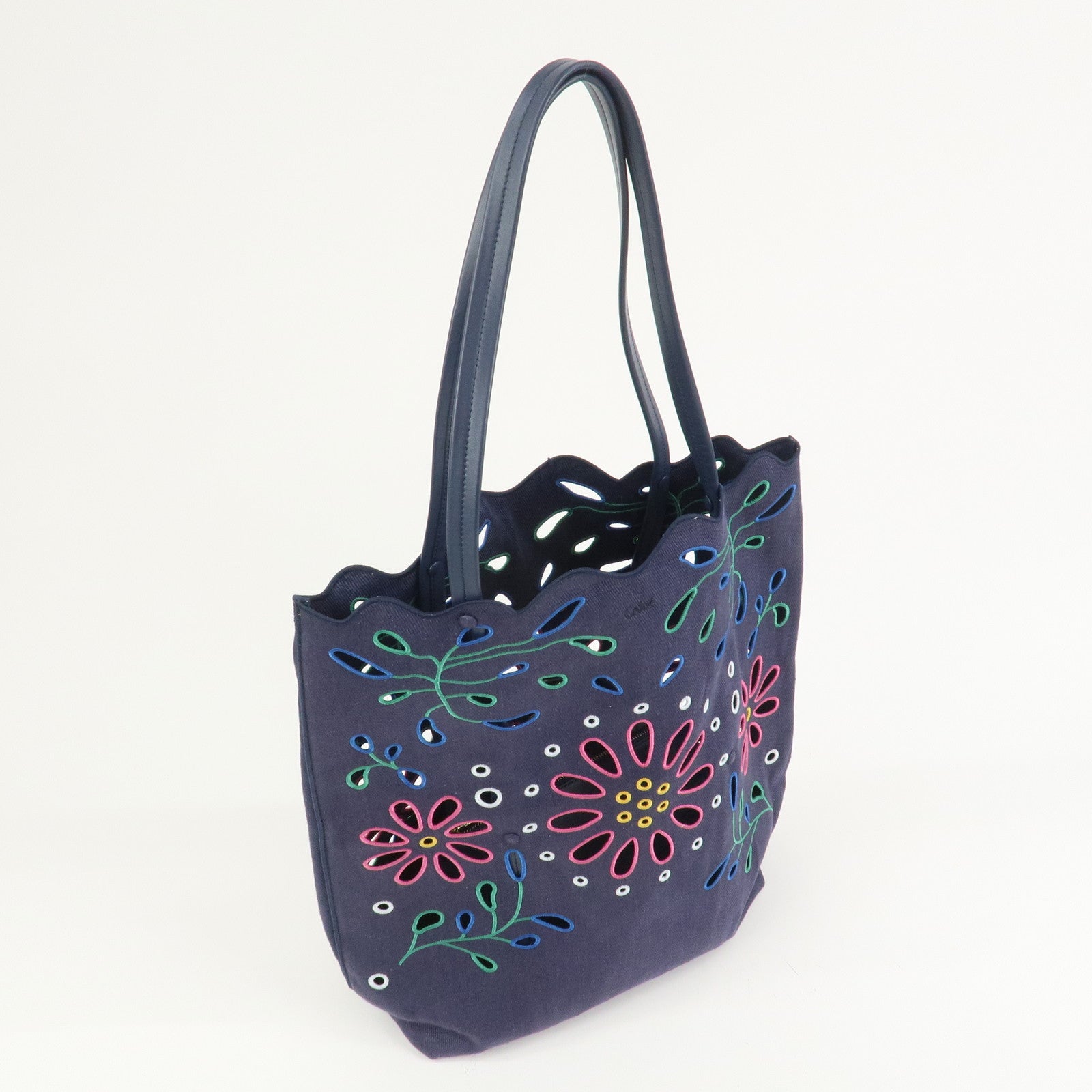 Chloe Kamilla Canvas Leather Tote Bag Shoulder Bag Navy Multicolor