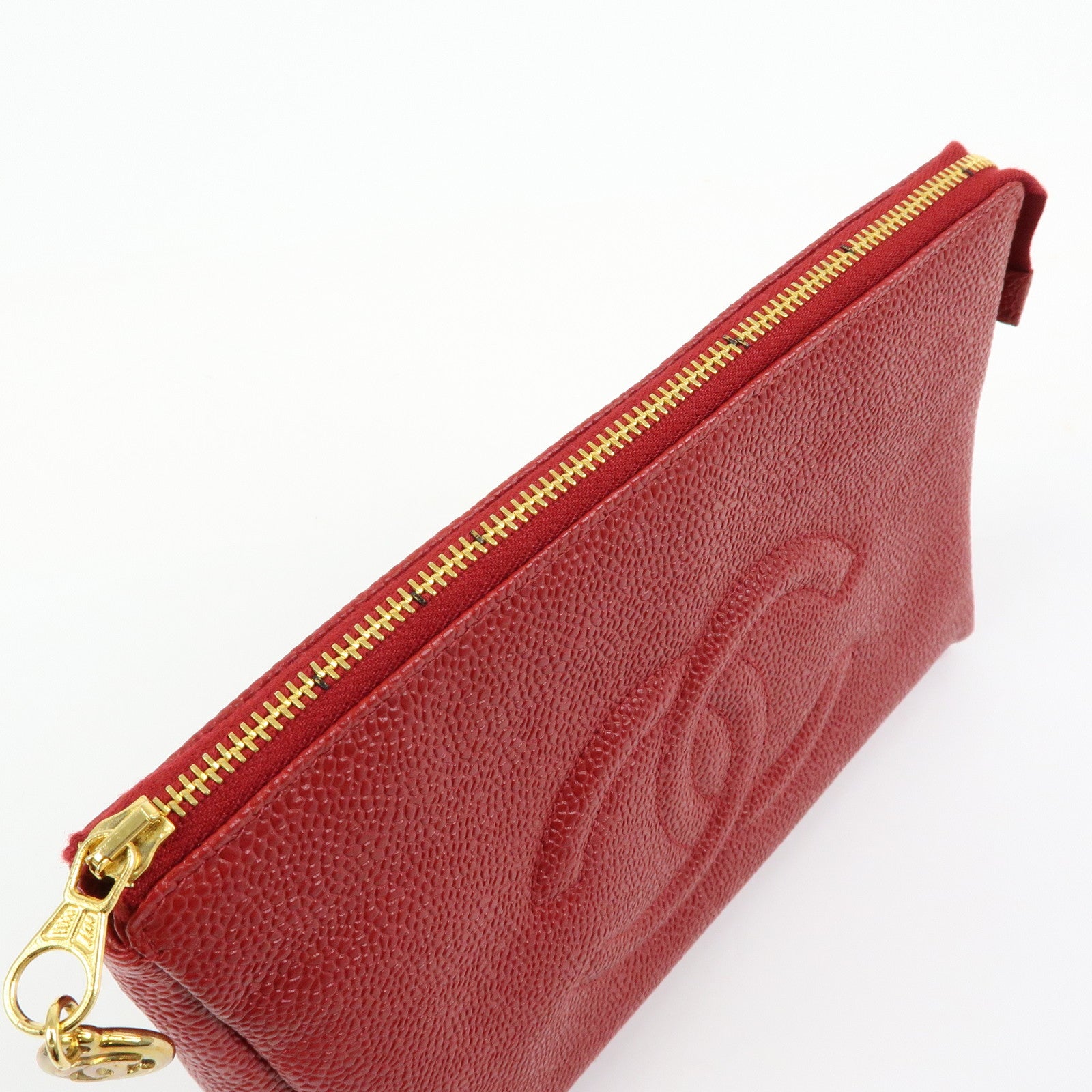 CHANEL COCO Mark Caviarskin Cosmetic Case Makeup Bag Pouch Red