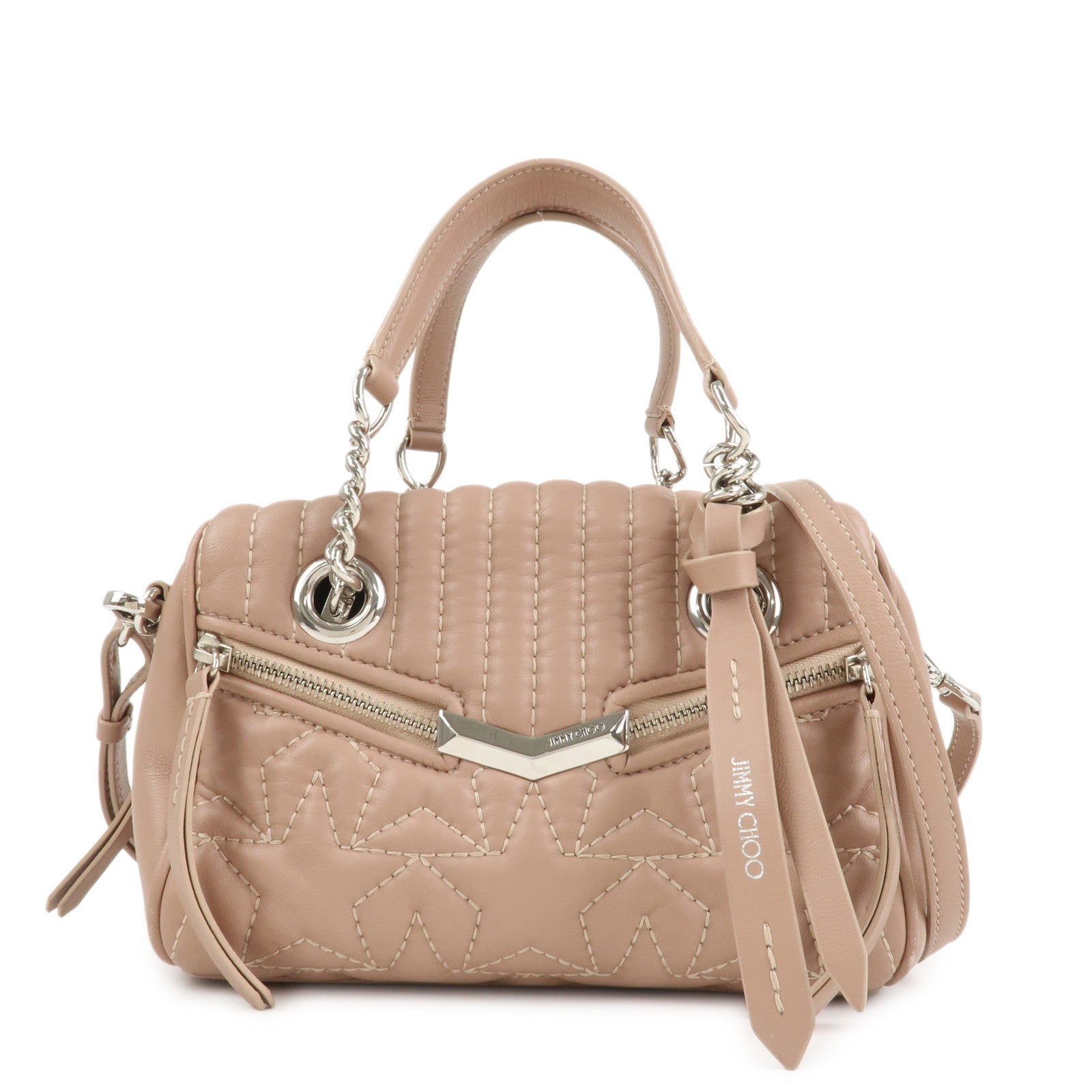 JIMMY CHOO Leather HELIA BOWLING S 2Way Hand Bag Pink Beige