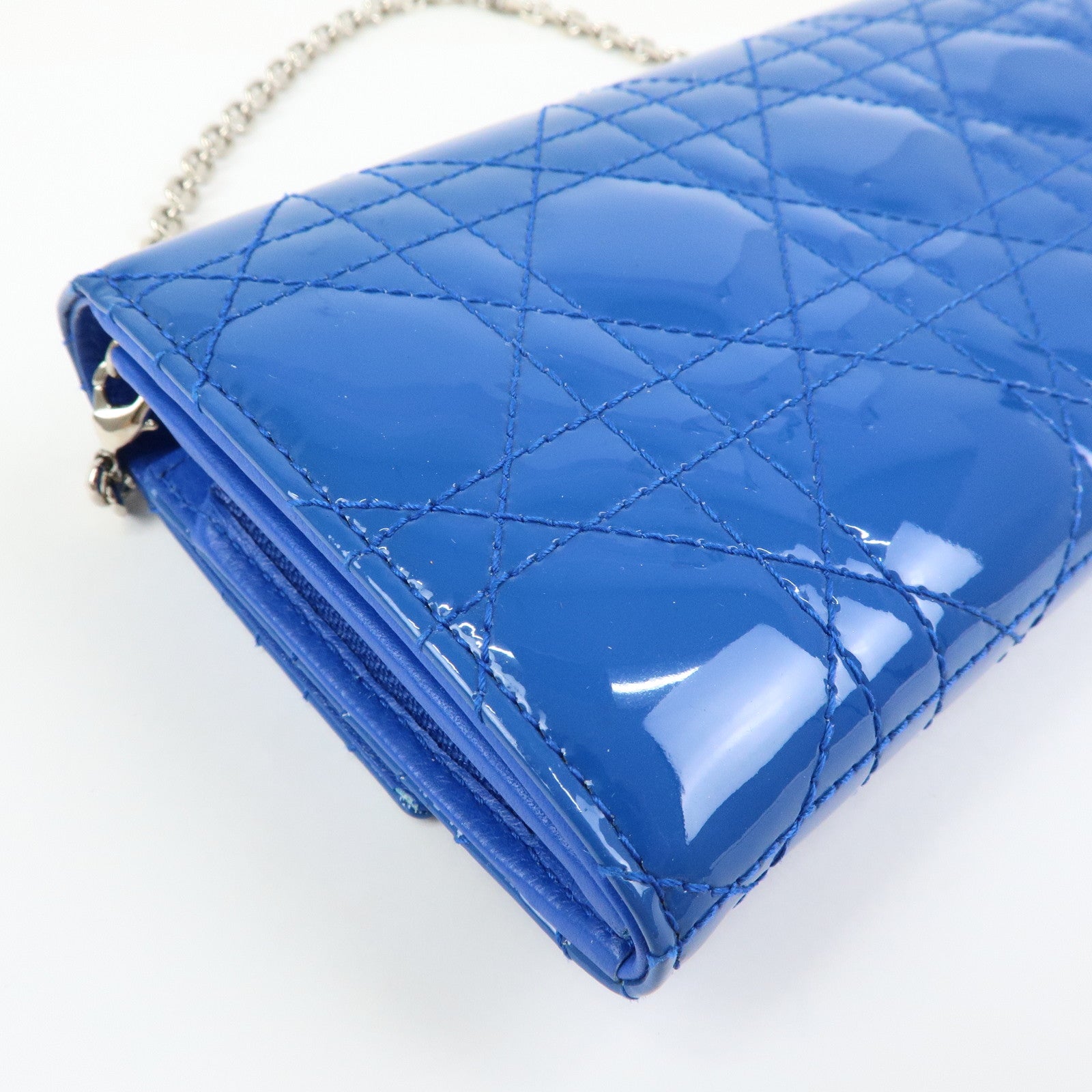 Christian Dior Cannage Patent Leather Chain Wallet WOC Blue Silver