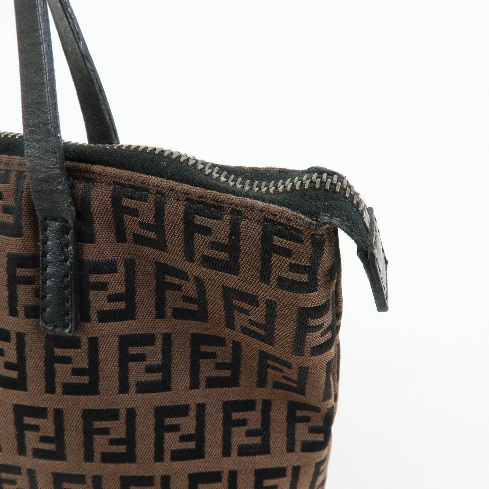 FENDI Zucchino Canvas Leather Tote Shoulder Bag Brown Black 8BH023