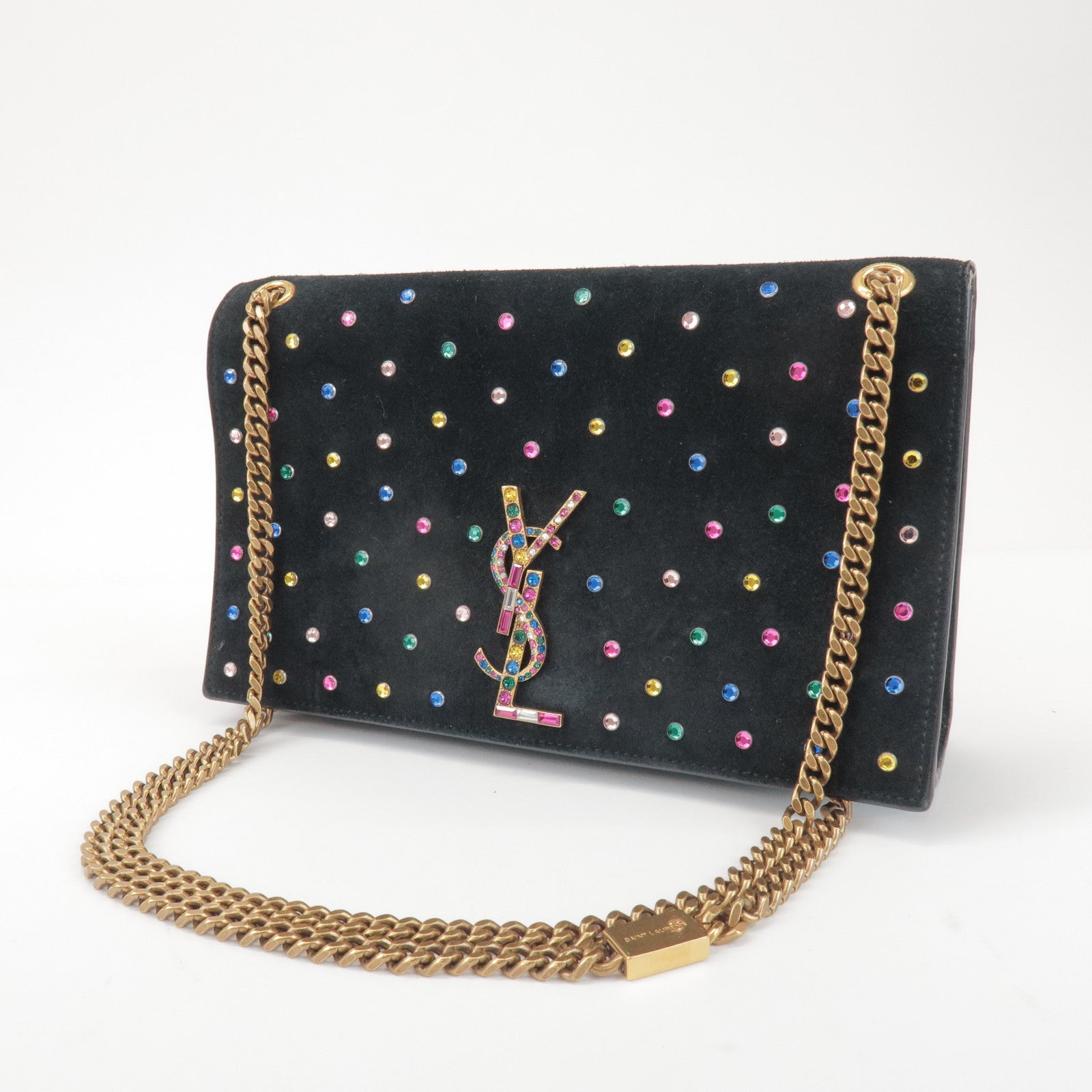 SAINT LAURENT PARIS Cassandra Suede Rhinestone Shoulder Bag 513074
