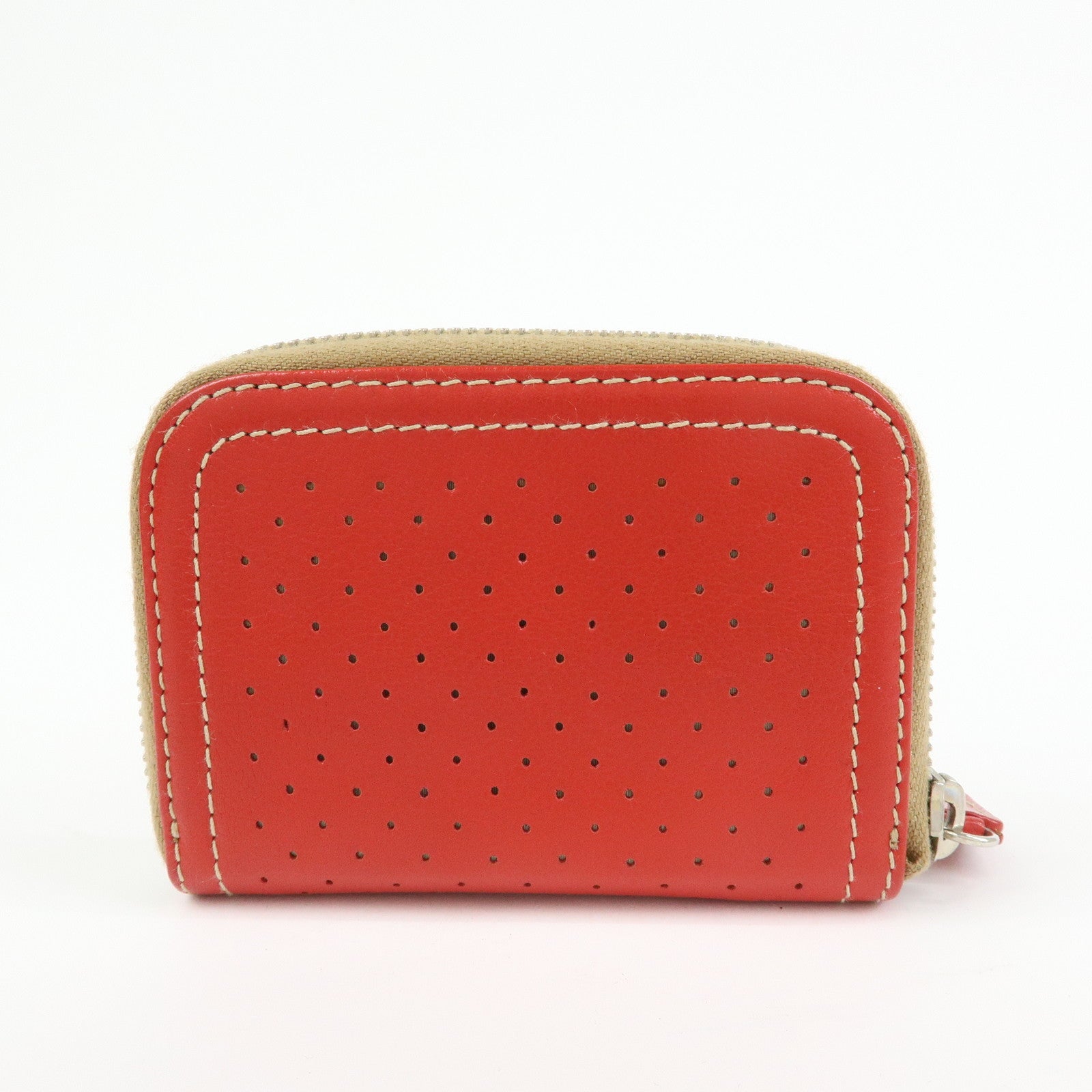 PRADA Triangle Logo Punched Leather Round Zippy Coin Case Red