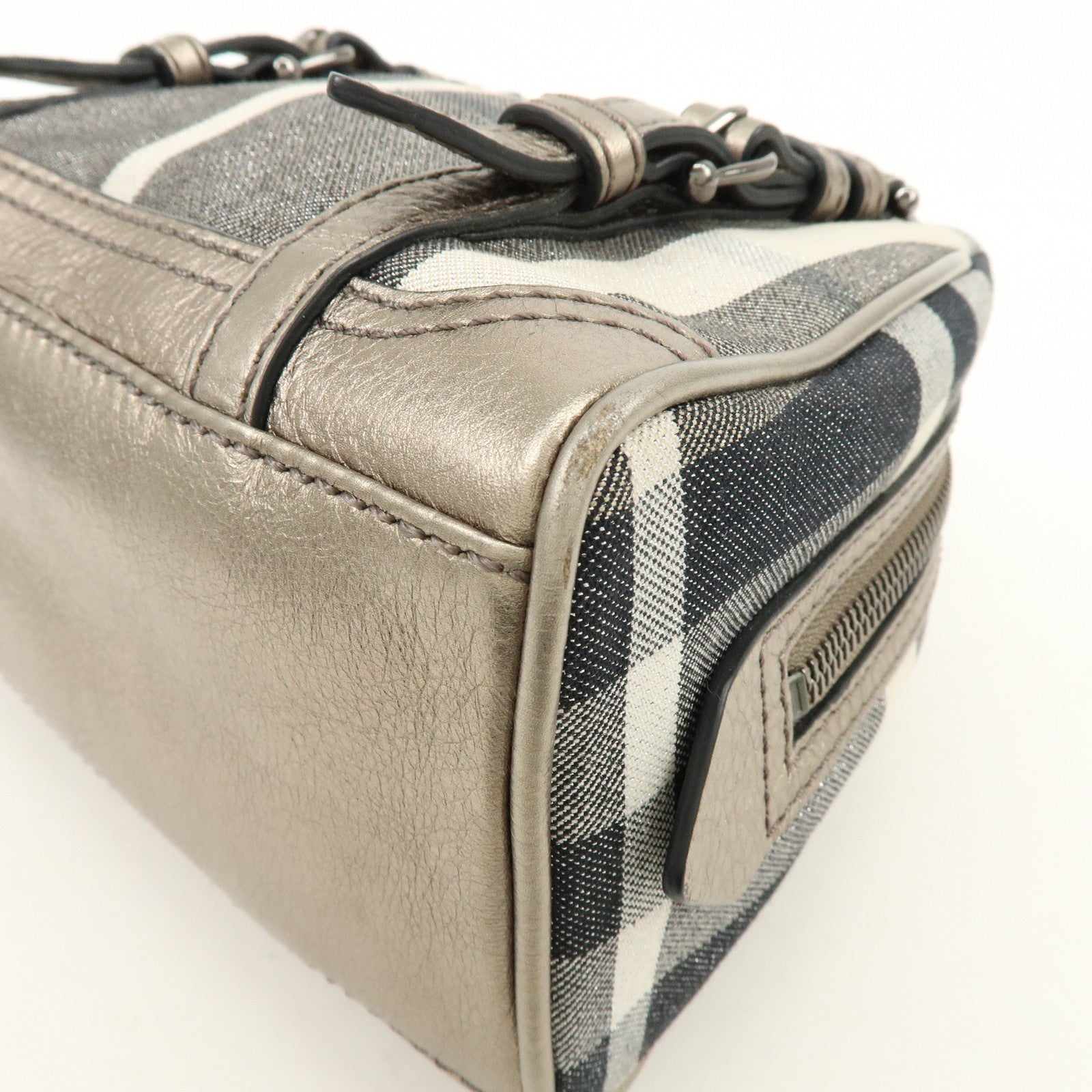 BURBERRY Plaid Canvas Leather Hand Bag Gray Champagne Gold