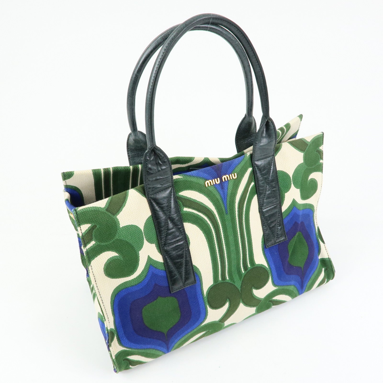 MIU MIU Canvas Leather Tote Bag Hand Bag Green Natural