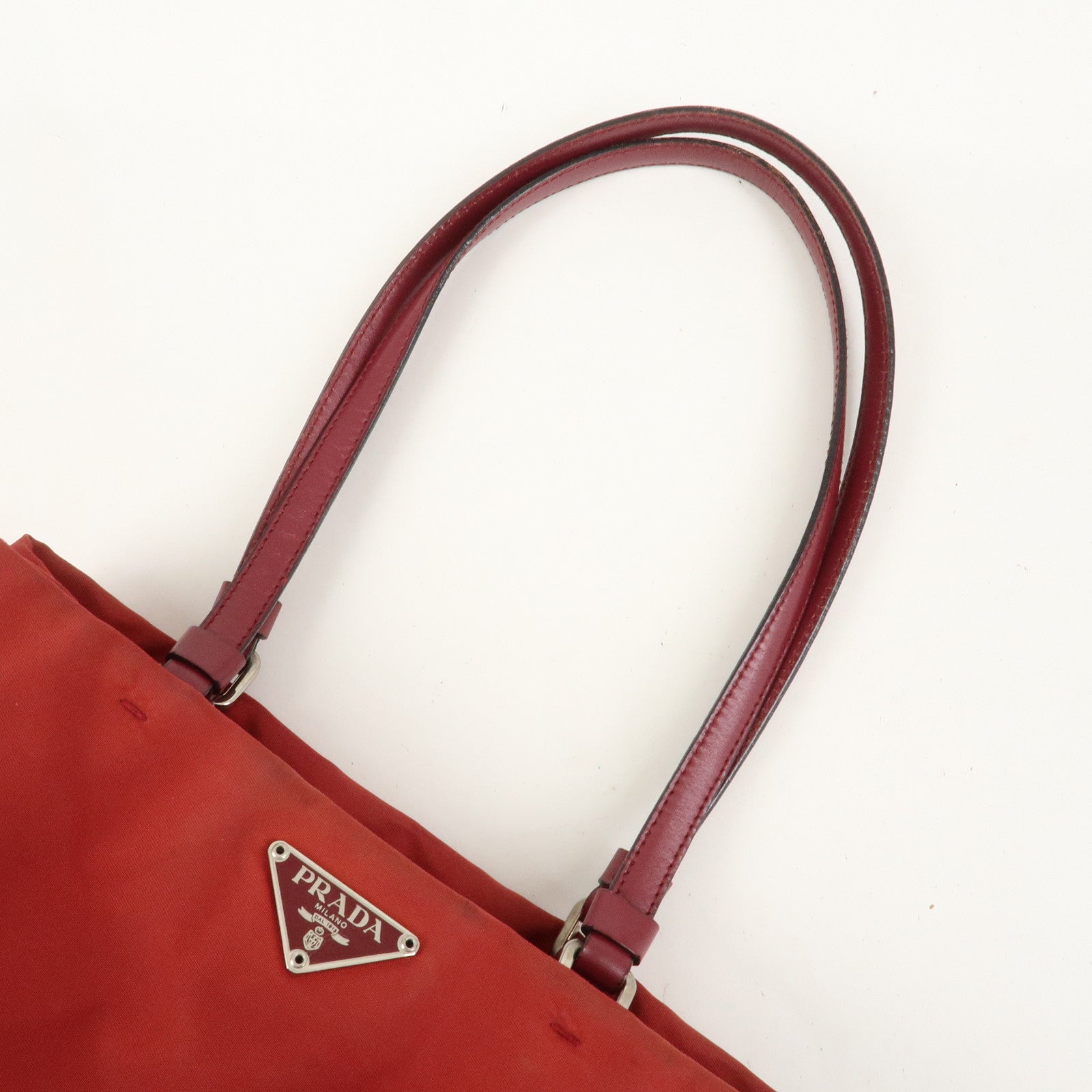 PRADA Triangle Logo Nylon Leather Tote Bag Shoulder Bag Red