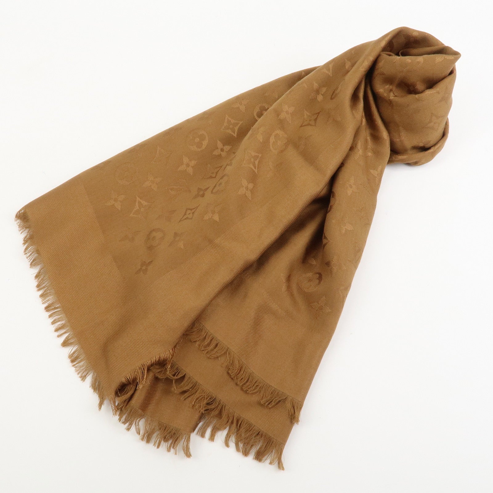 Louis Vuitton Monogram Silk Wool Shawl Scarf Light Brown M71155