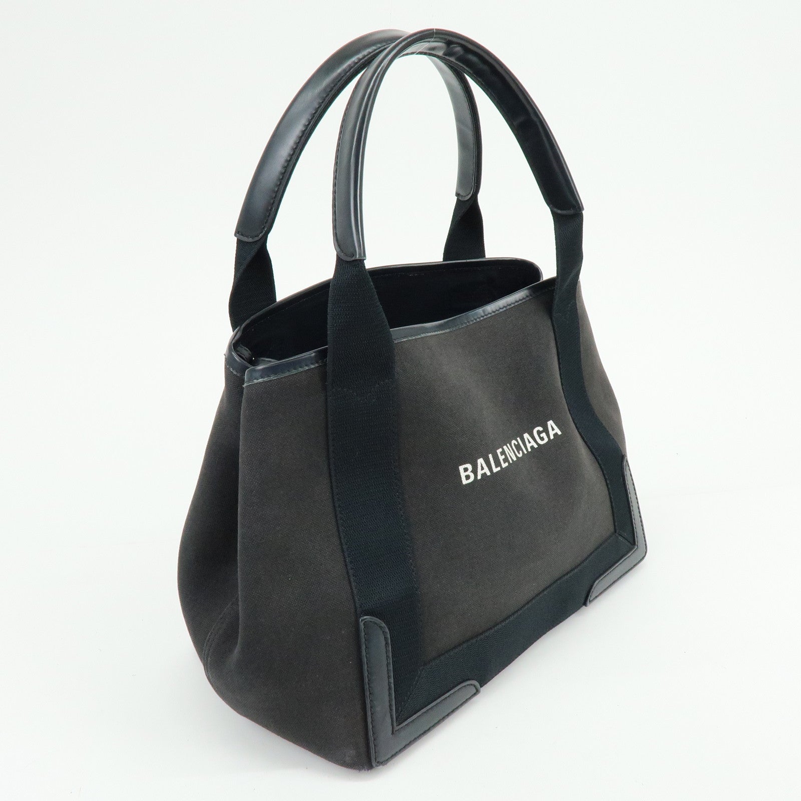 BALENCIAGA Navy Cabas Small Canvas Leather Tote Bag Black 339933