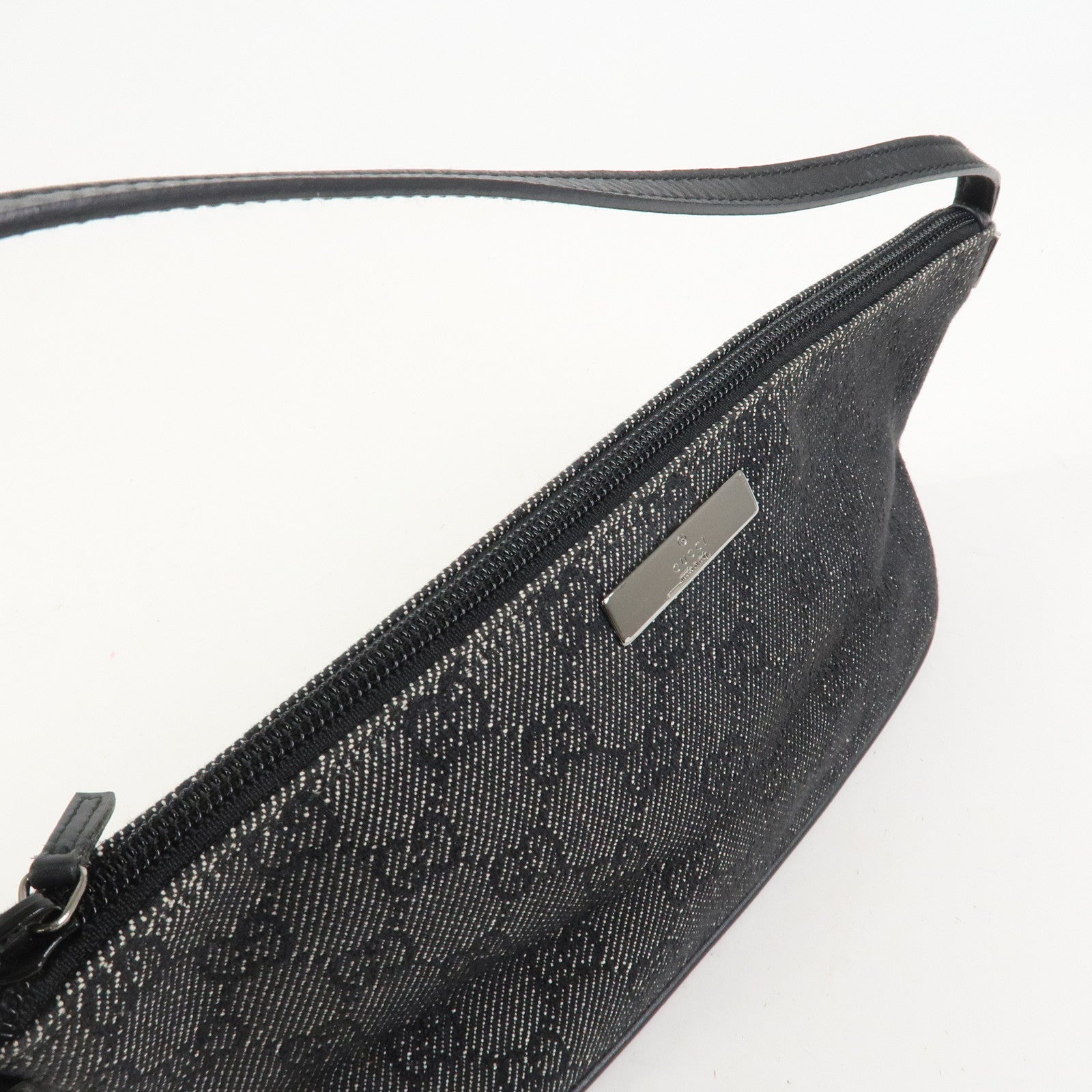 GUCCI Boat Bag Logo GG Canvas Leather Pouch Hand Bag Black 07198