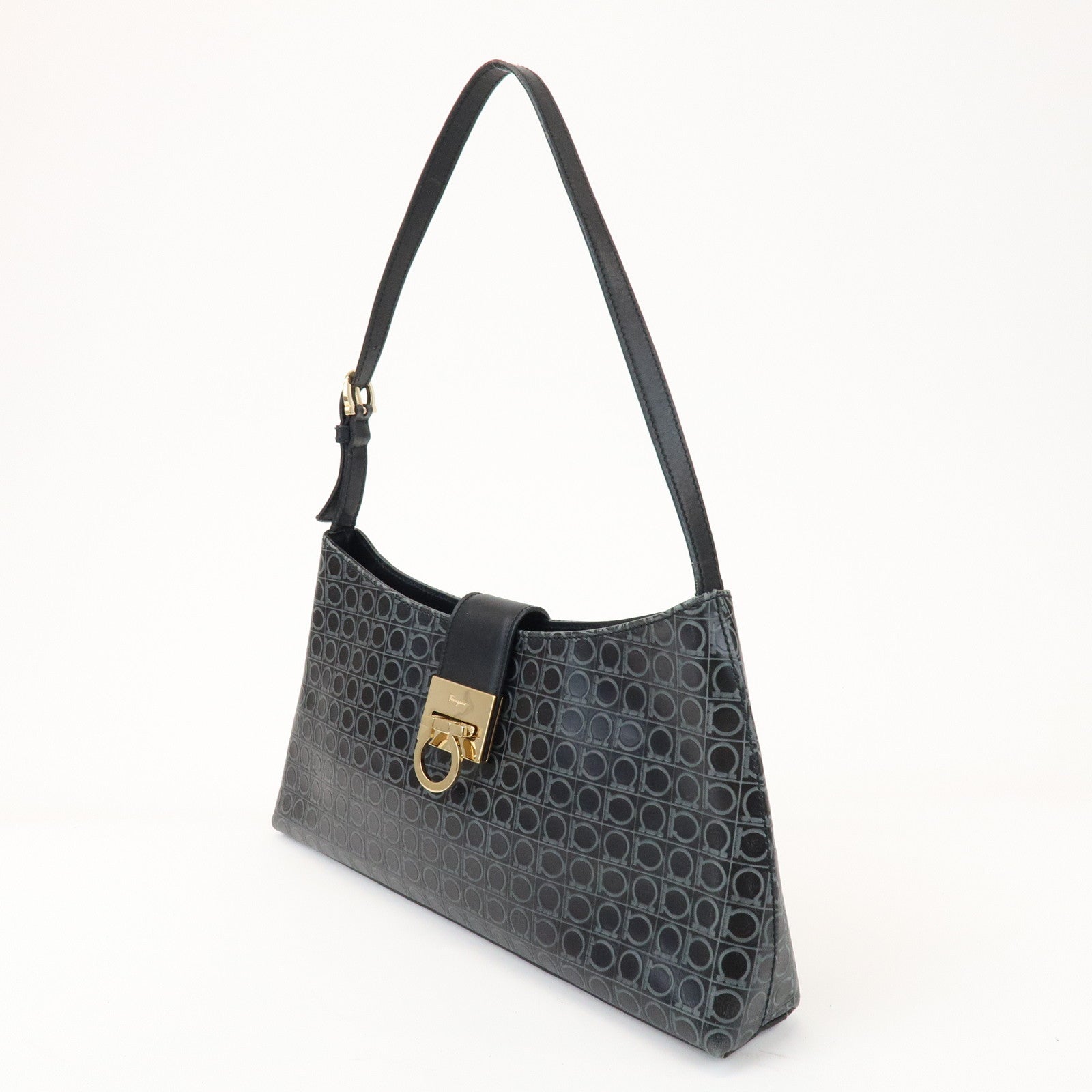 Ferragamo Gancini Leather Shoulder Bag Hand Bag Black