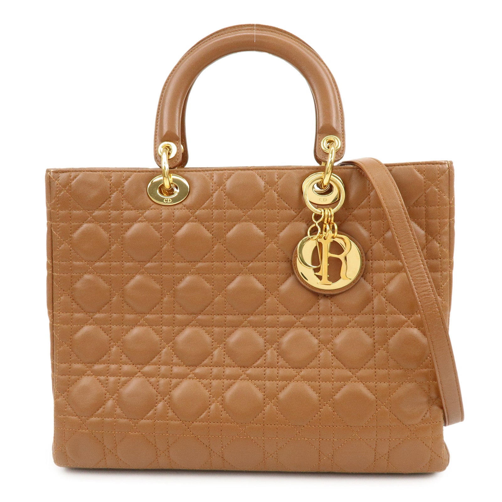 Christian Dior Cannage Large Lamb Skin 2Way Bag Hand Bag Camel