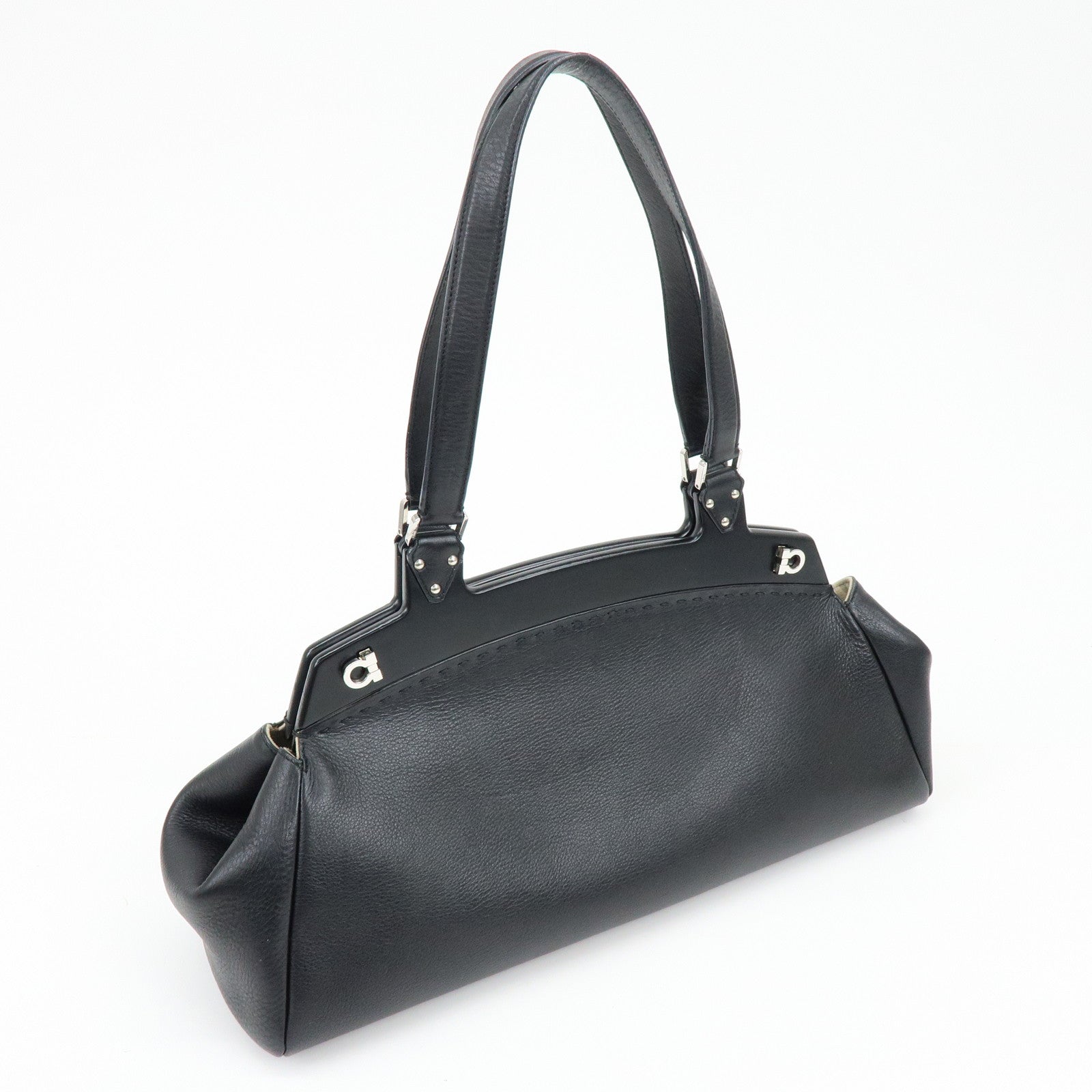 Ferragamo Gancini Leather Hand Bag Shoulder Bag Black