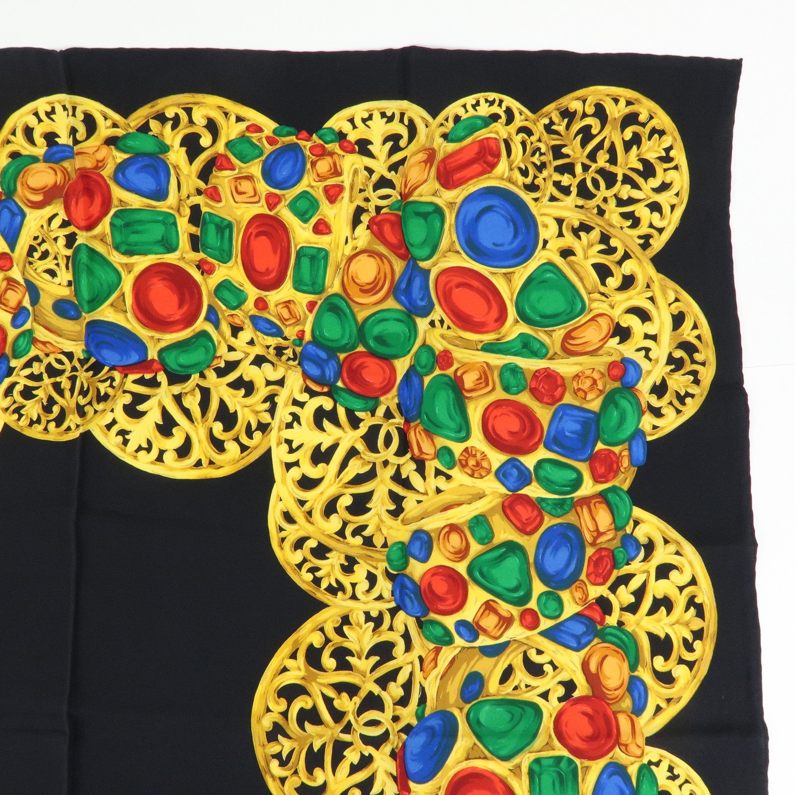 CHANEL Jewelry Motif Silk 100% Scarf Black Yellow Multicolor