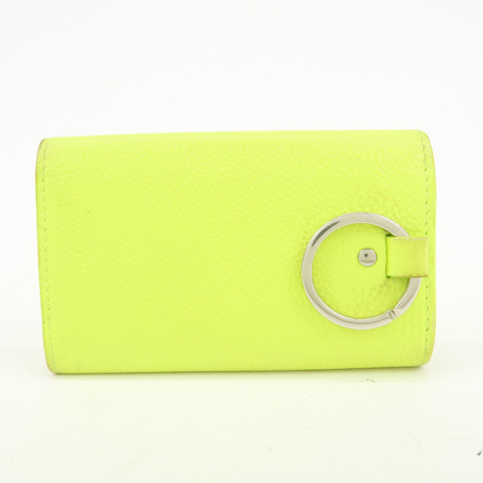 BALENCIAGA Logo Leather Key Case Key Holder Neon Yellow