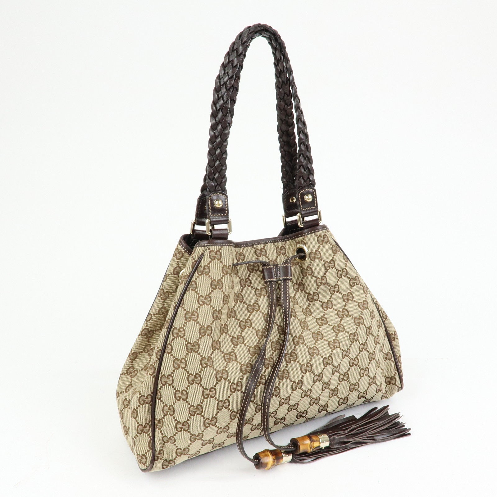 GUCCI Bamboo Fringe GG Canvas Leather Tote Bag Beige Brown 170582