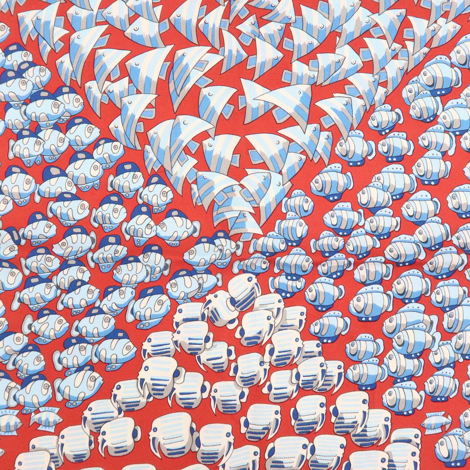 HERMES Carre 40 Silk 100% Mini Scarf Fish Print Red Blue