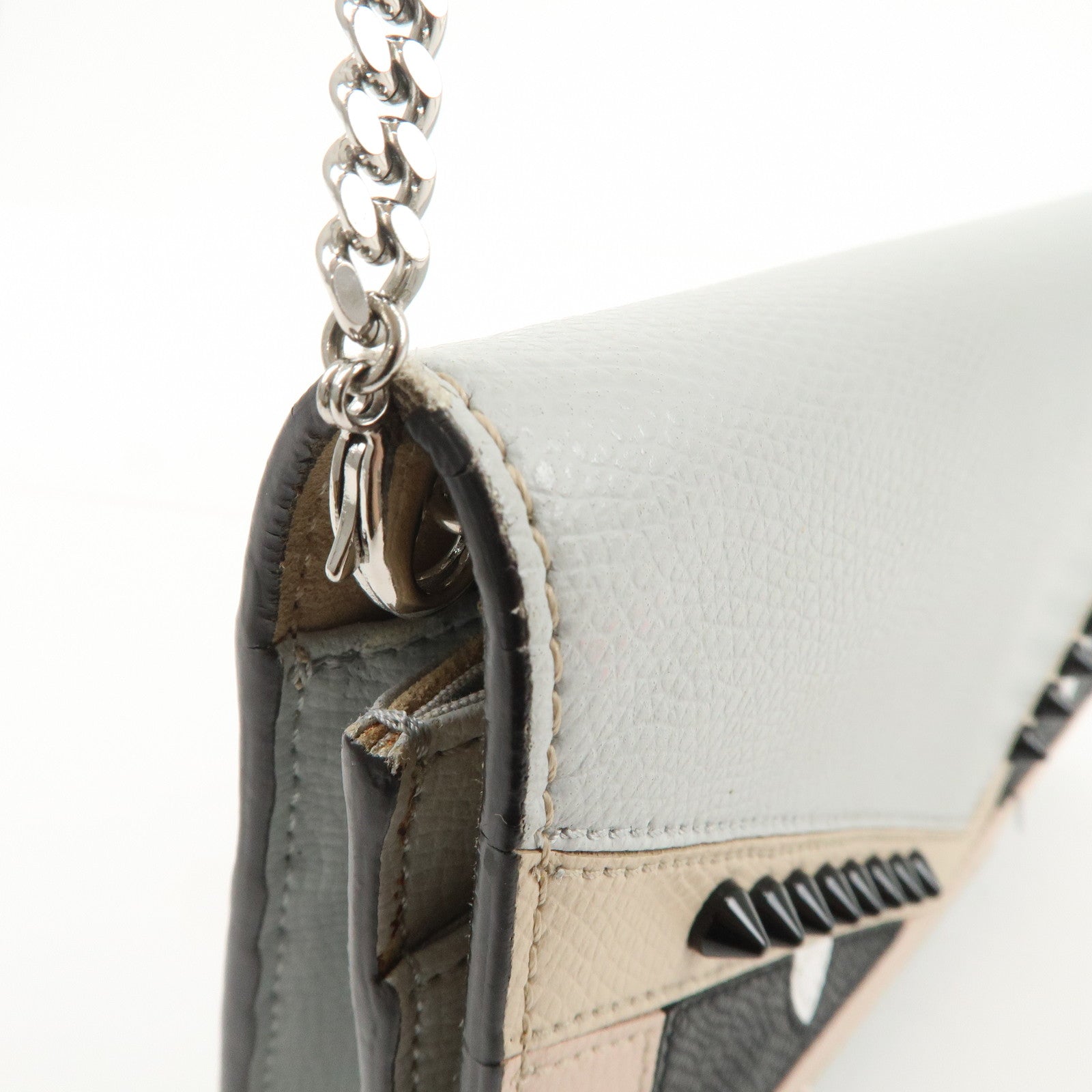 FENDI Logo Leather Monster Shoulder Bag Crossbody Bag Gray 8M0346