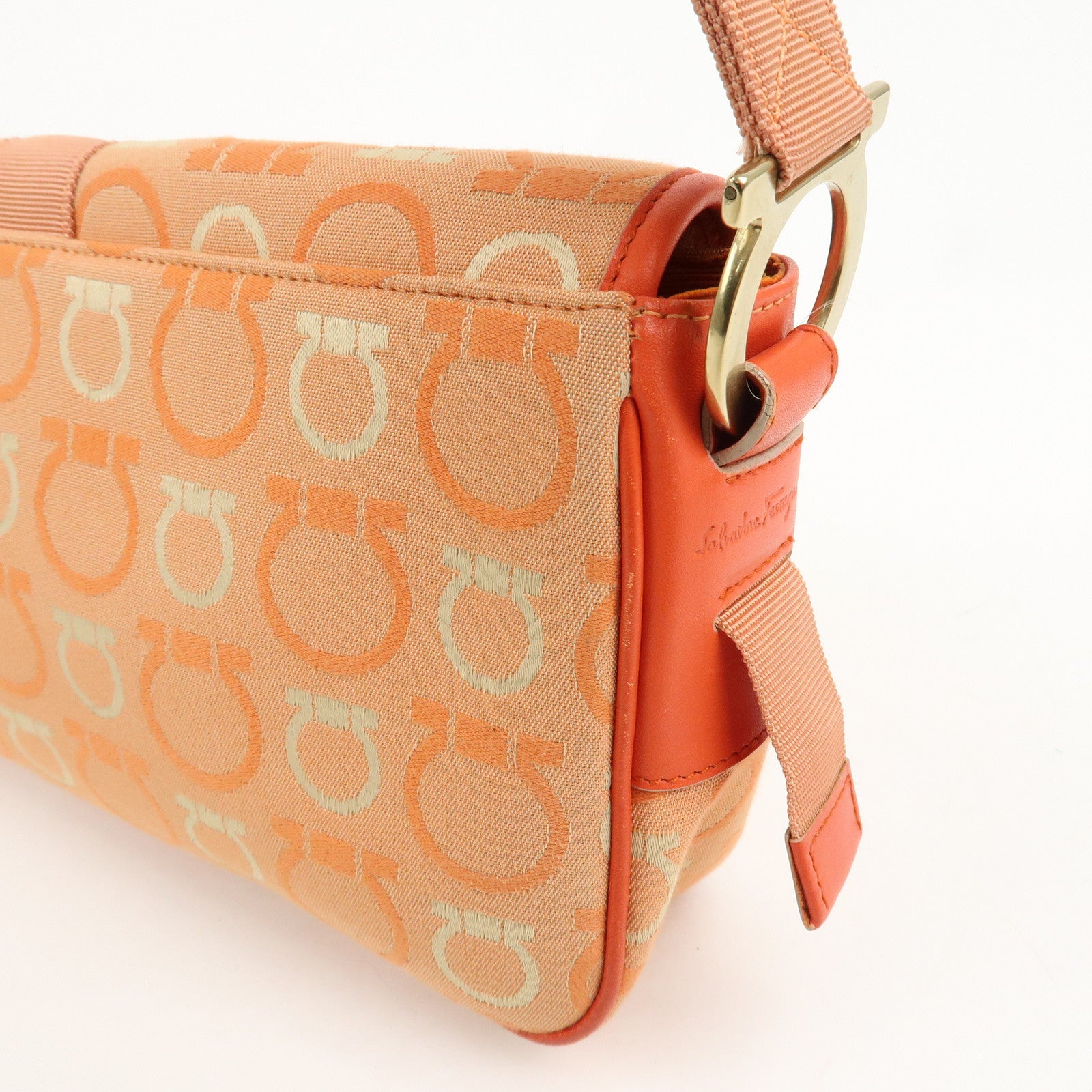 Ferragamo Gancini Canvas Leather Shoulder Bag Orange