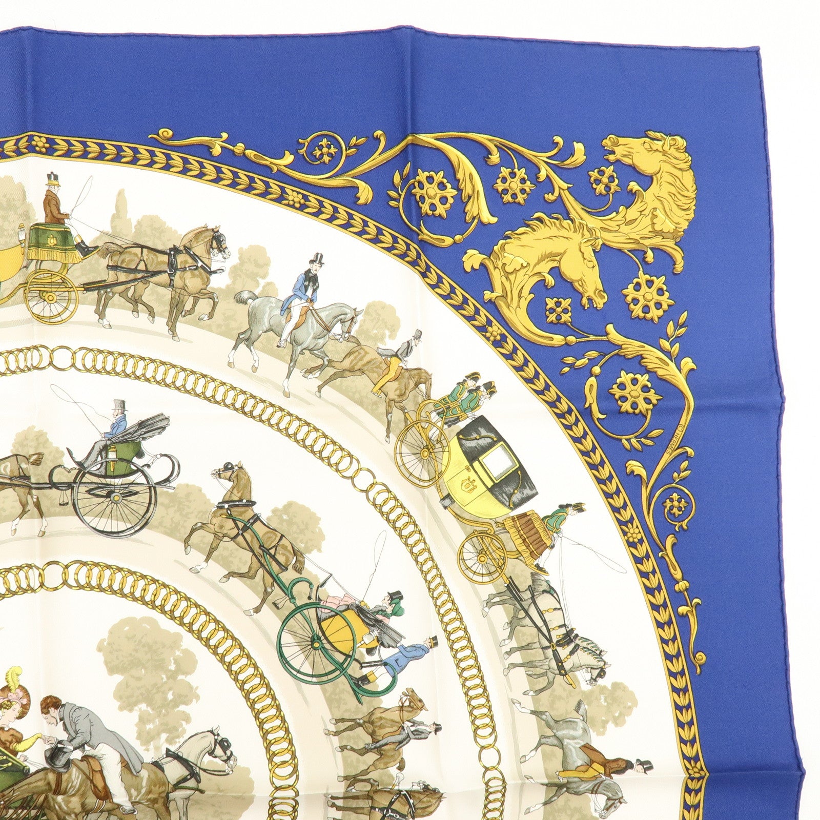 HERMES Carre 90 Silk 100% Scarf LA PROMENADE DE LONGCHAMPS Blue