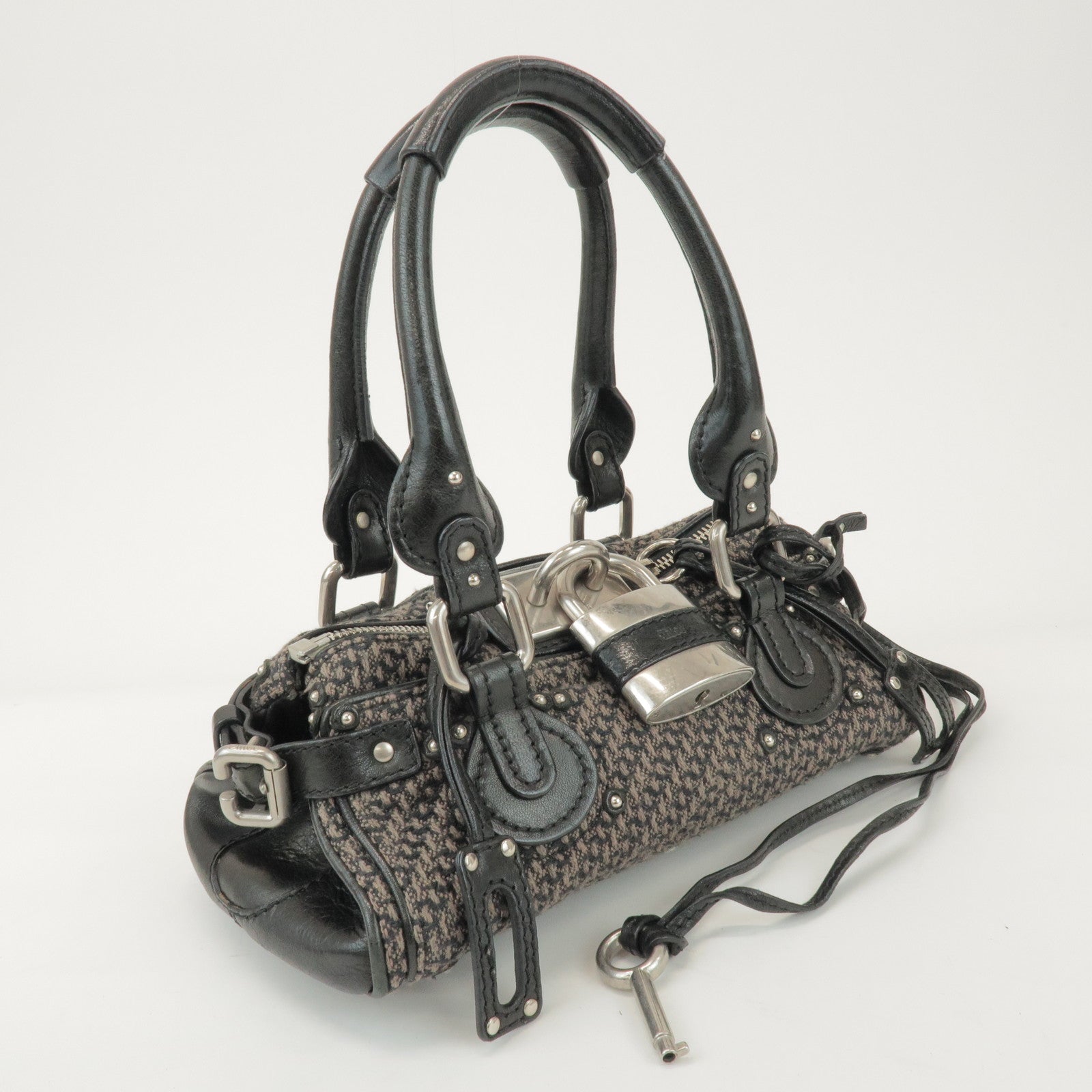 Chloe Paddington Mini Tweed Leather Hand Bag Black Brown