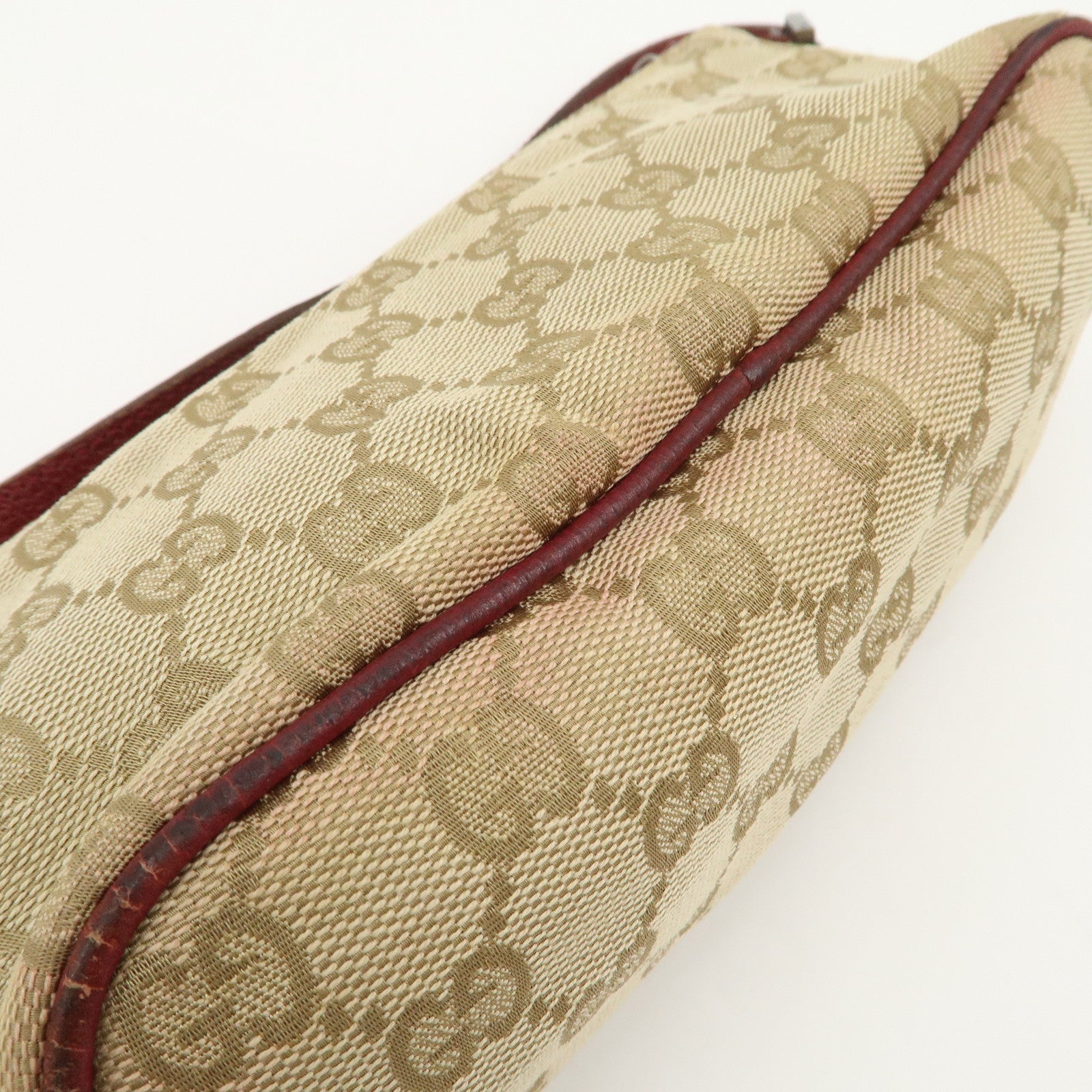 GUCCI Boat Bag GG Canvas Leather Hand Bag Pouch Beige Red 07198