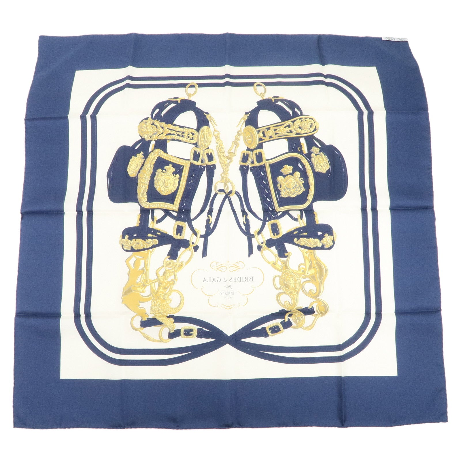 HERMES Carre 90 Silk 100% Scarf BRIDES DE GALA Navy White