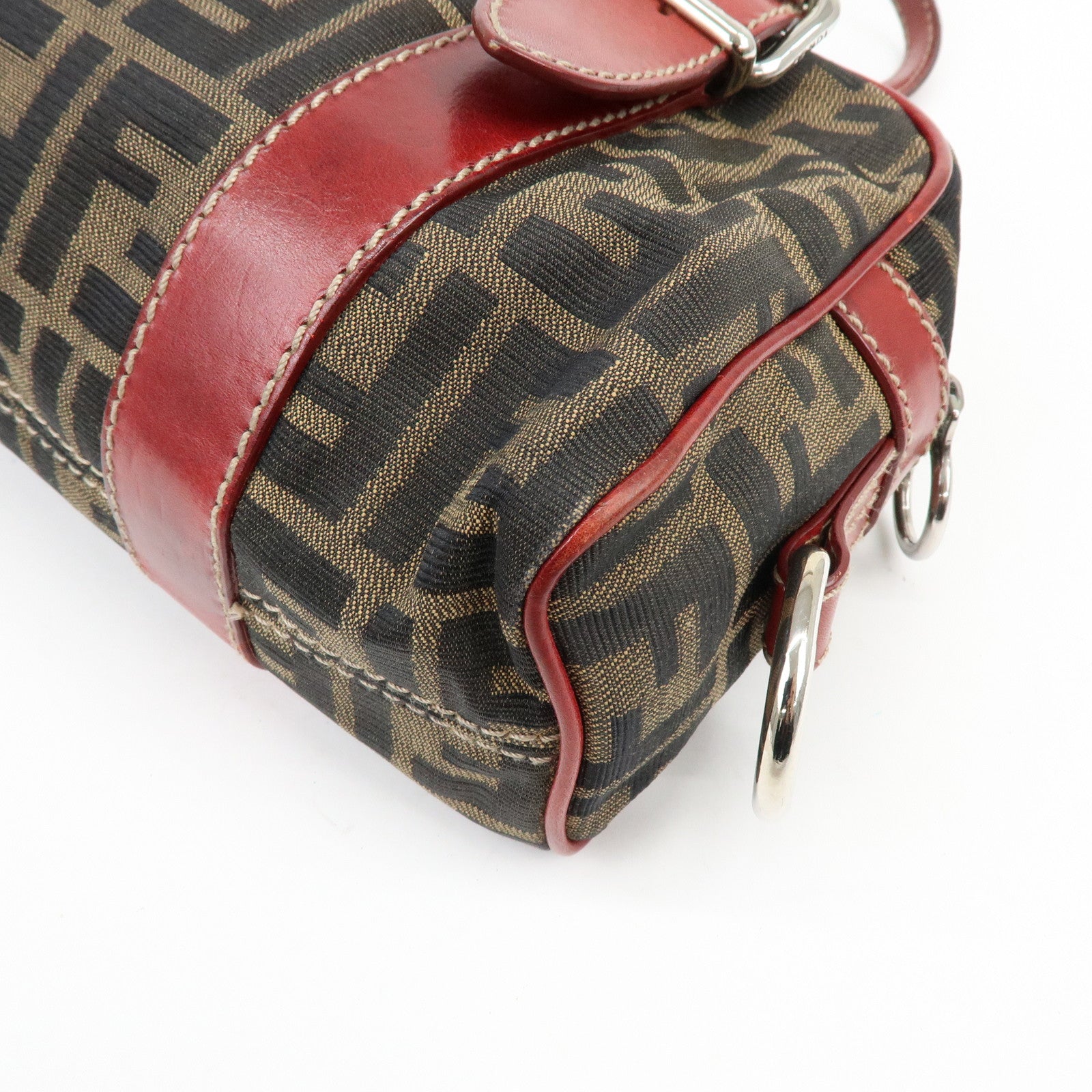 FENDI Zucca Canvas Leather Mini Boston Hand Bag Brown Red 8BR119