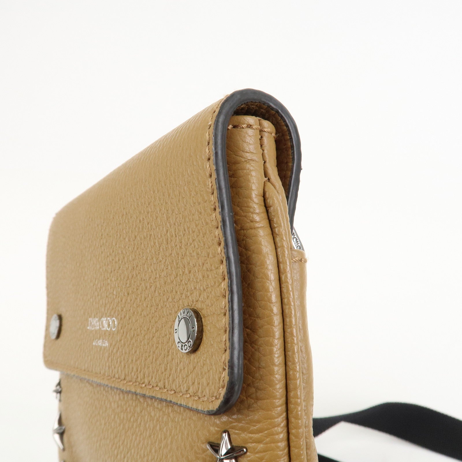 JIMMY CHOO Leather KIMI MESSANGER Studs Shoulder Bag Brown