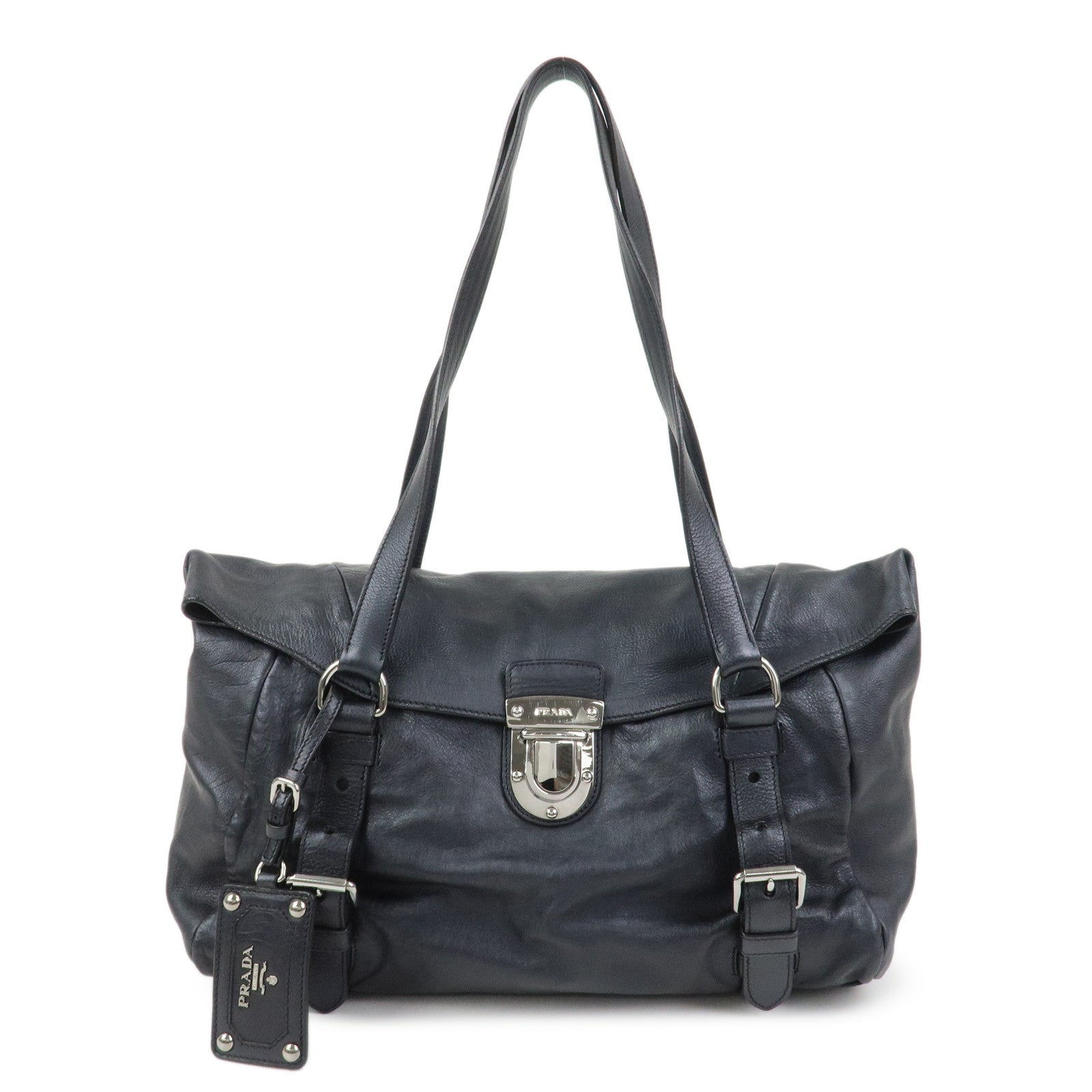 PRADA Logo Leather Shoulder Bag Hand Bag Black BR3901