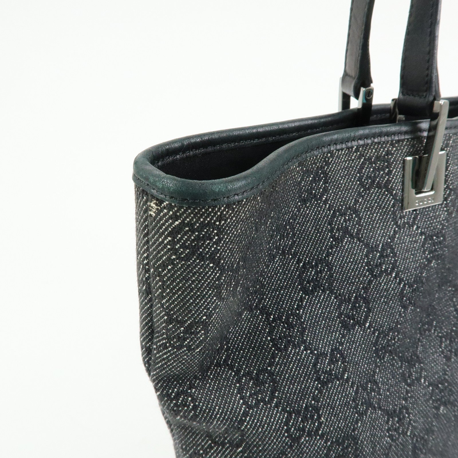 GUCCI GG Denim Leather Tote Bag Shoulder Bag Black 31243