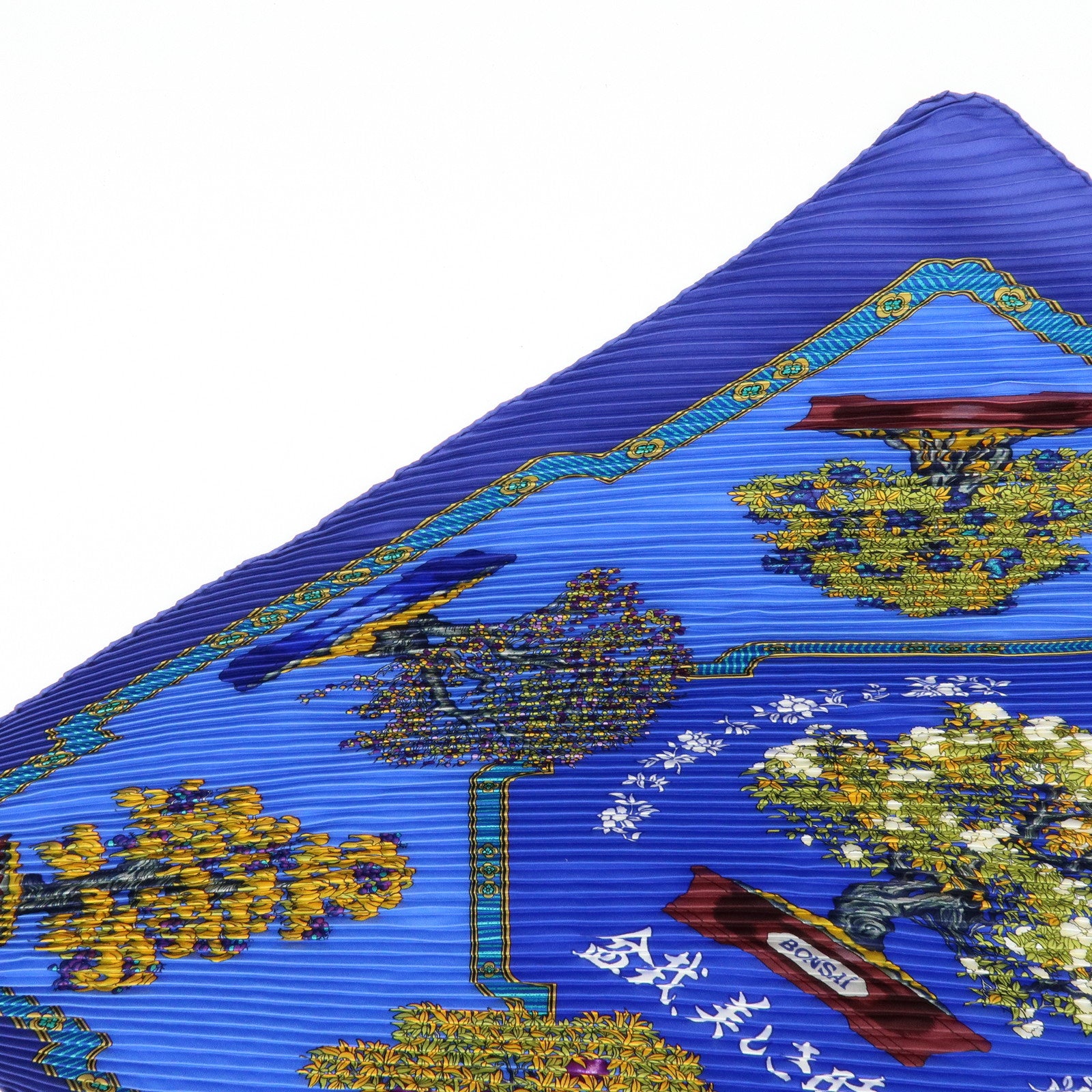 HERMES Pleated Carre 90 Silk 100% Scarf BONSAI Blue Light Green