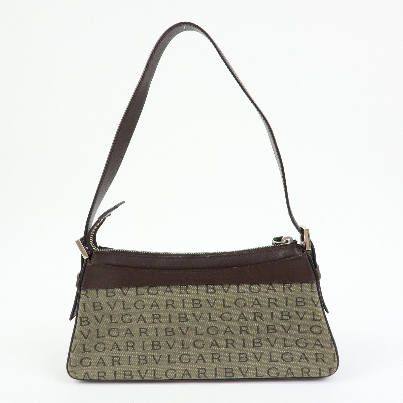 BVLGARI Logo Mania Canvas Leather Shoulder Bag Hand Bag Khaki