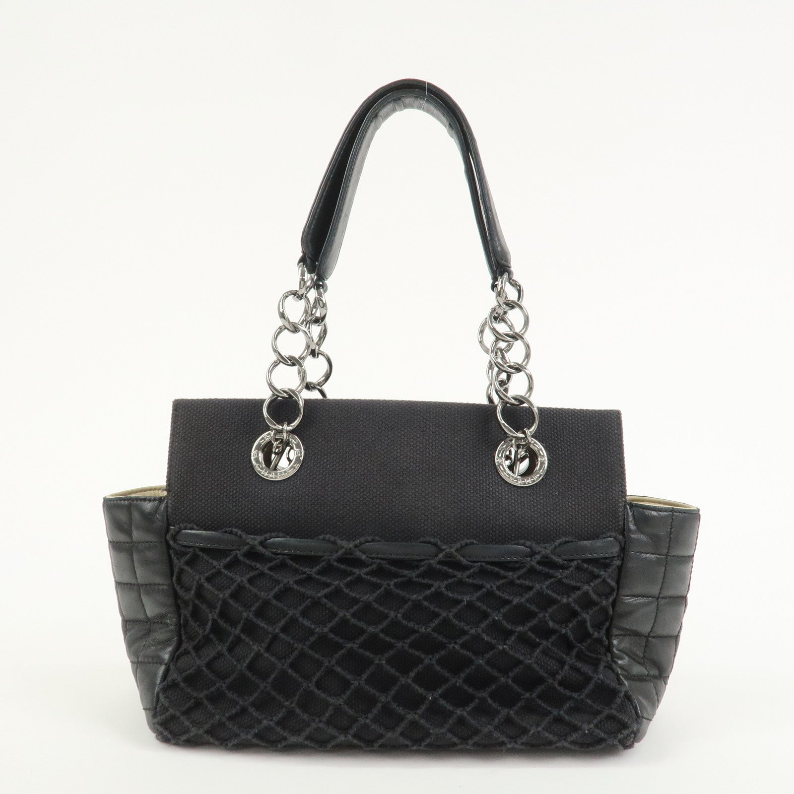 CHANEL Chocolate Bar Lamb Skin Canvas Shoulder Bag Hand Bag Black