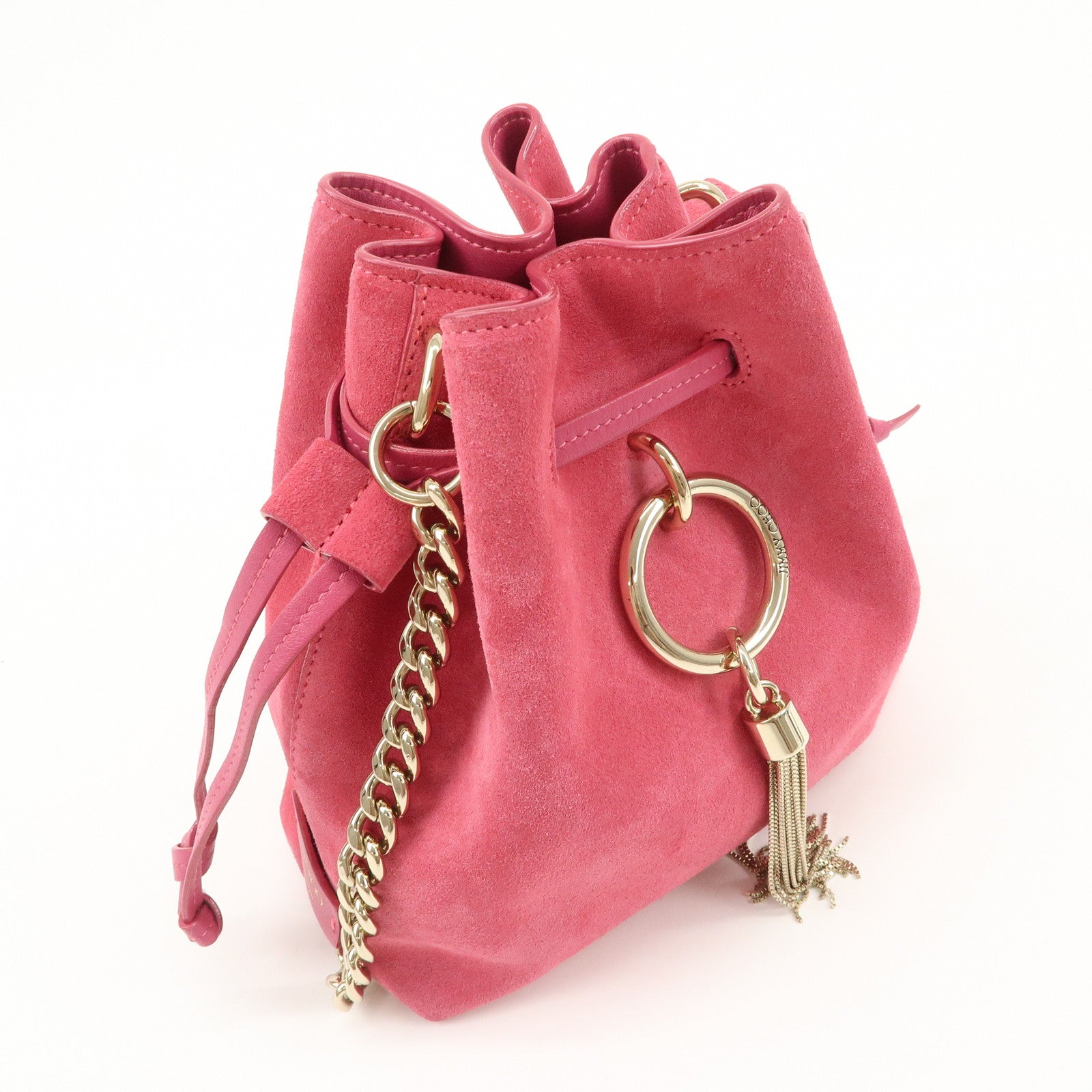 JIMMY CHOO Callie Drawstrings S Suede Chain Shoulder Bag Pink Used