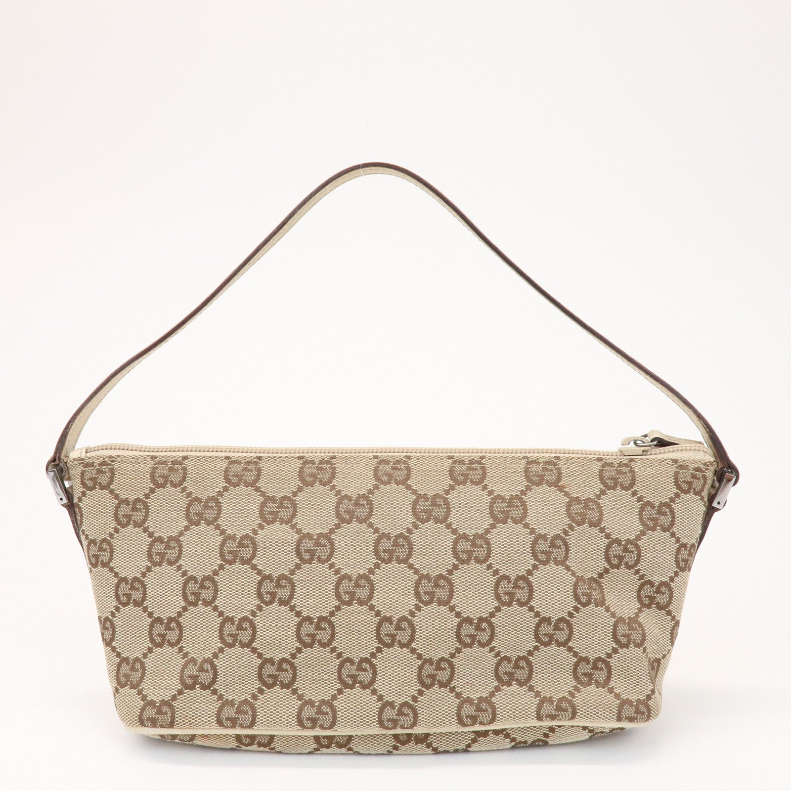 GUCCI Boat Bag GG Canvas Leather Pouch Hand Bag Beige Brown 07198