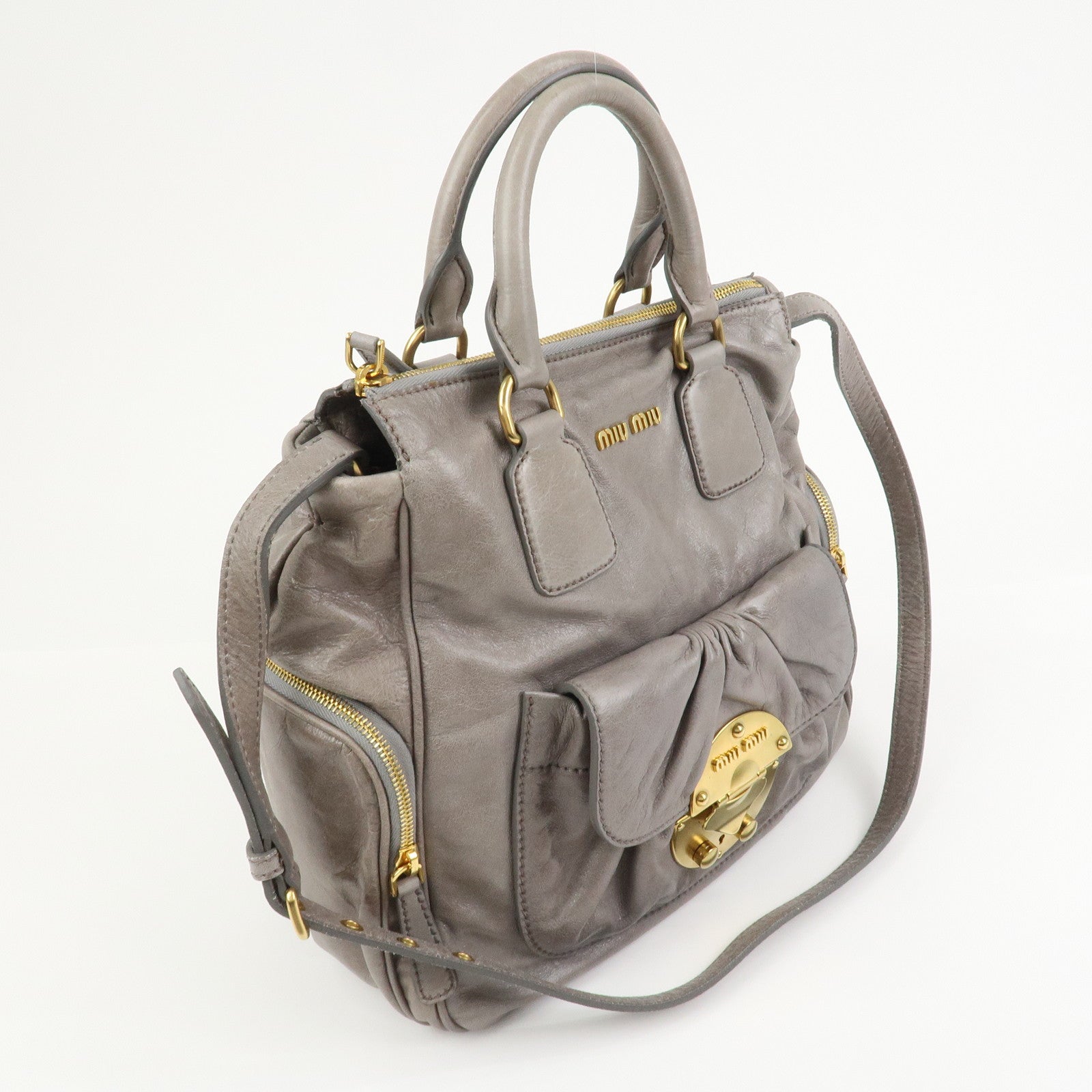 MIU MIU Leather 2Way Bag Hand Bag Shoulder Bag Gray