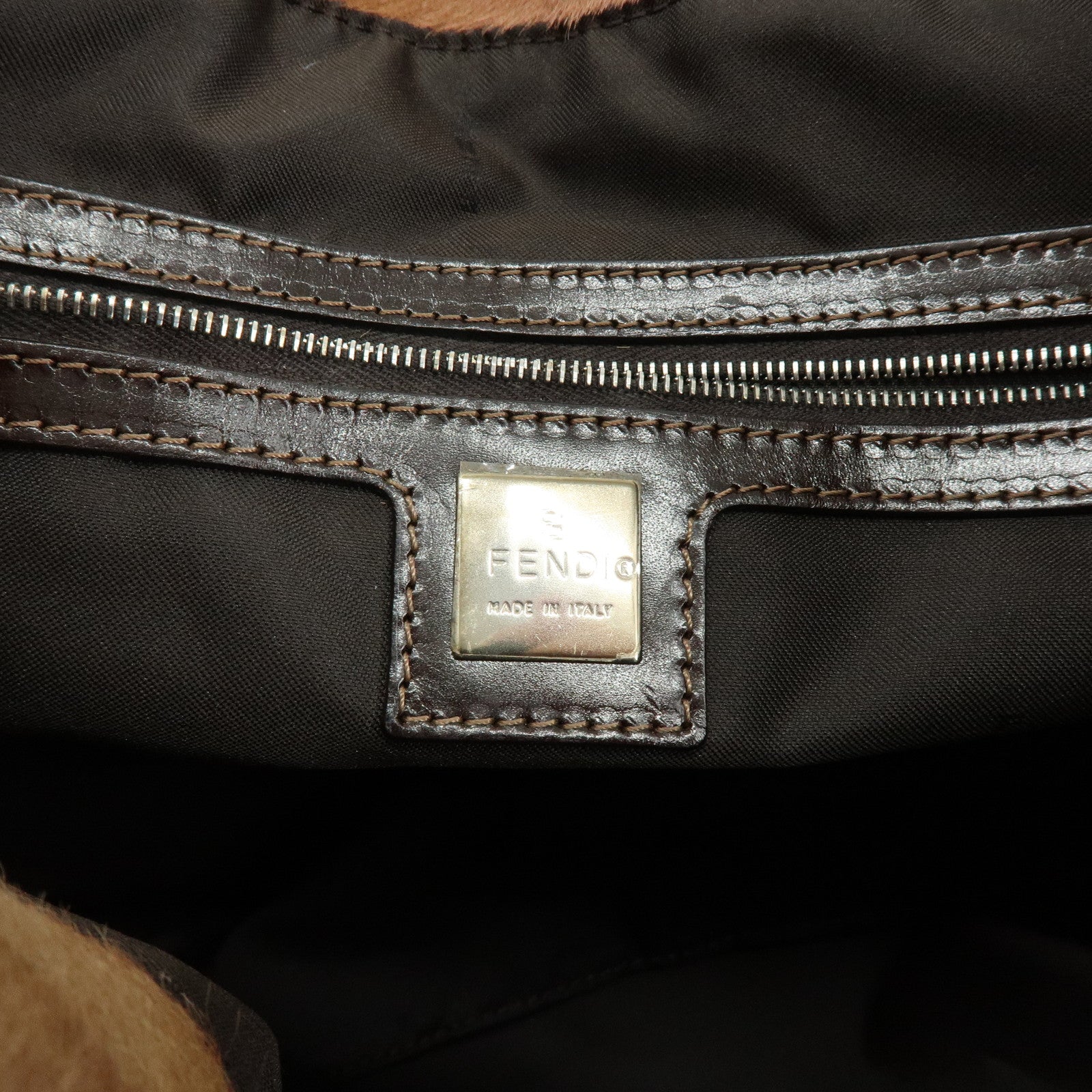 FENDI Calf Hair Leather Animal Pattern Tote Bag Hand Bag Brown