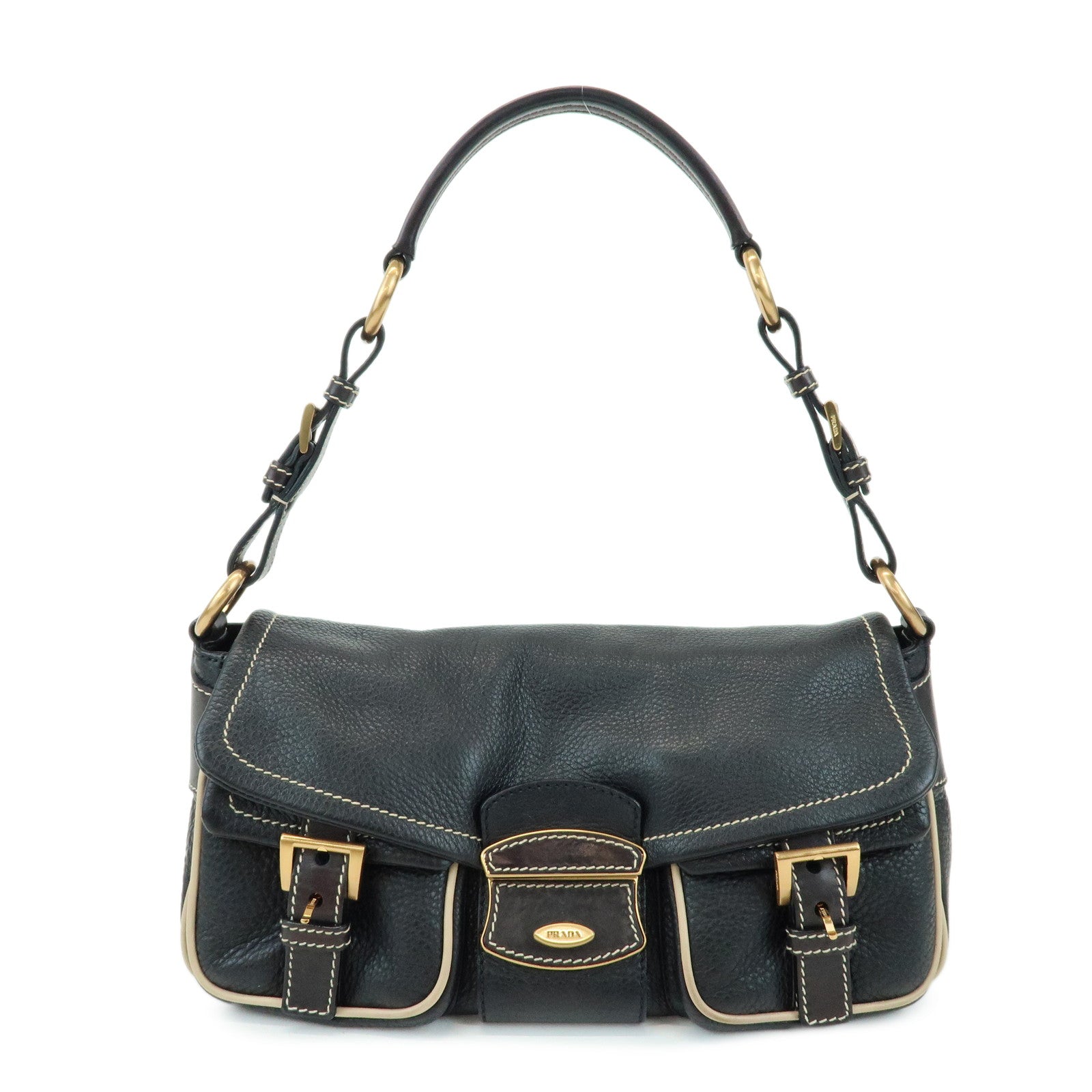 PRADA Logo Leather Stitch Shoulder Bag Hand Bag Black