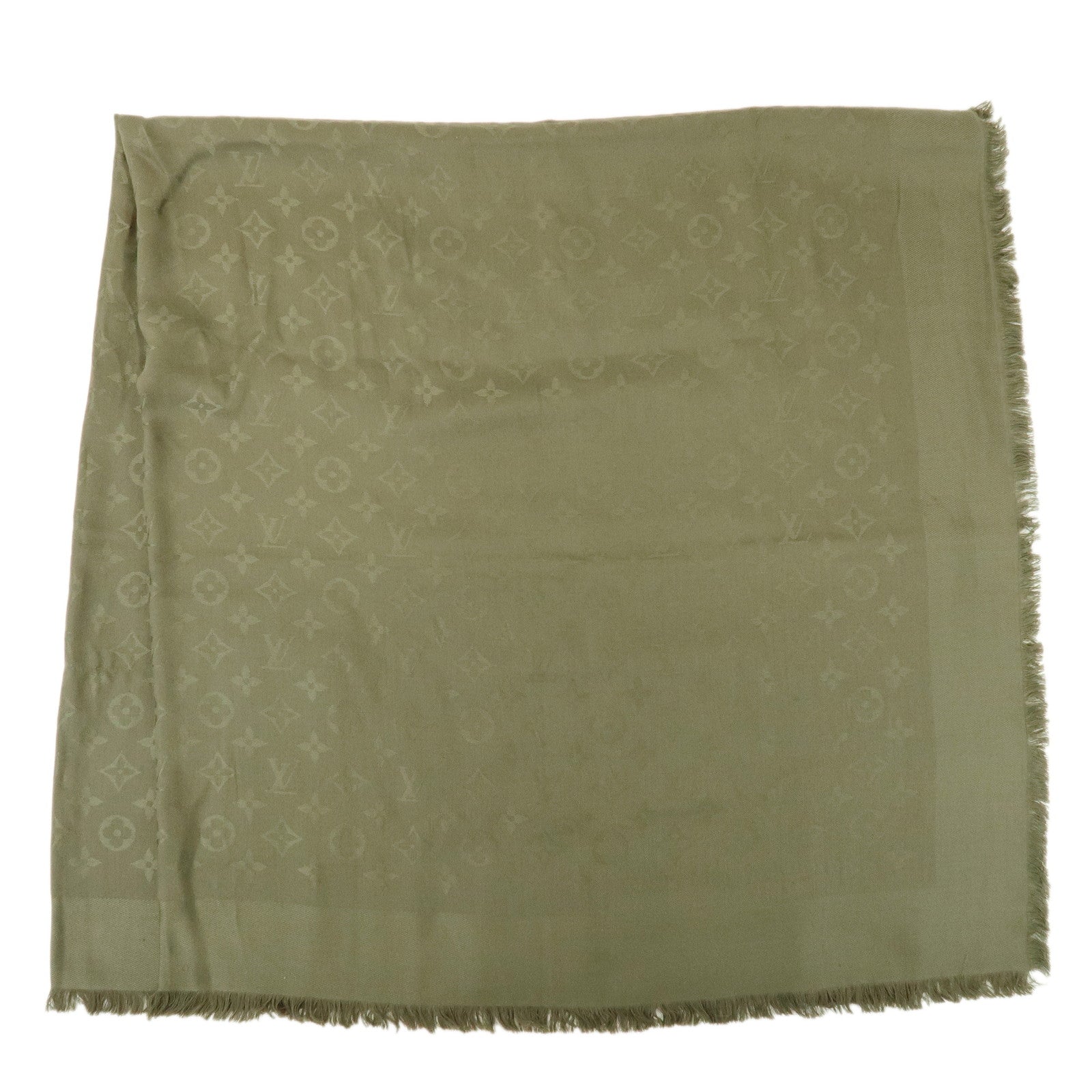 Louis Vuitton Monogram Silk Wool Scarf Shawl Khaki M72238