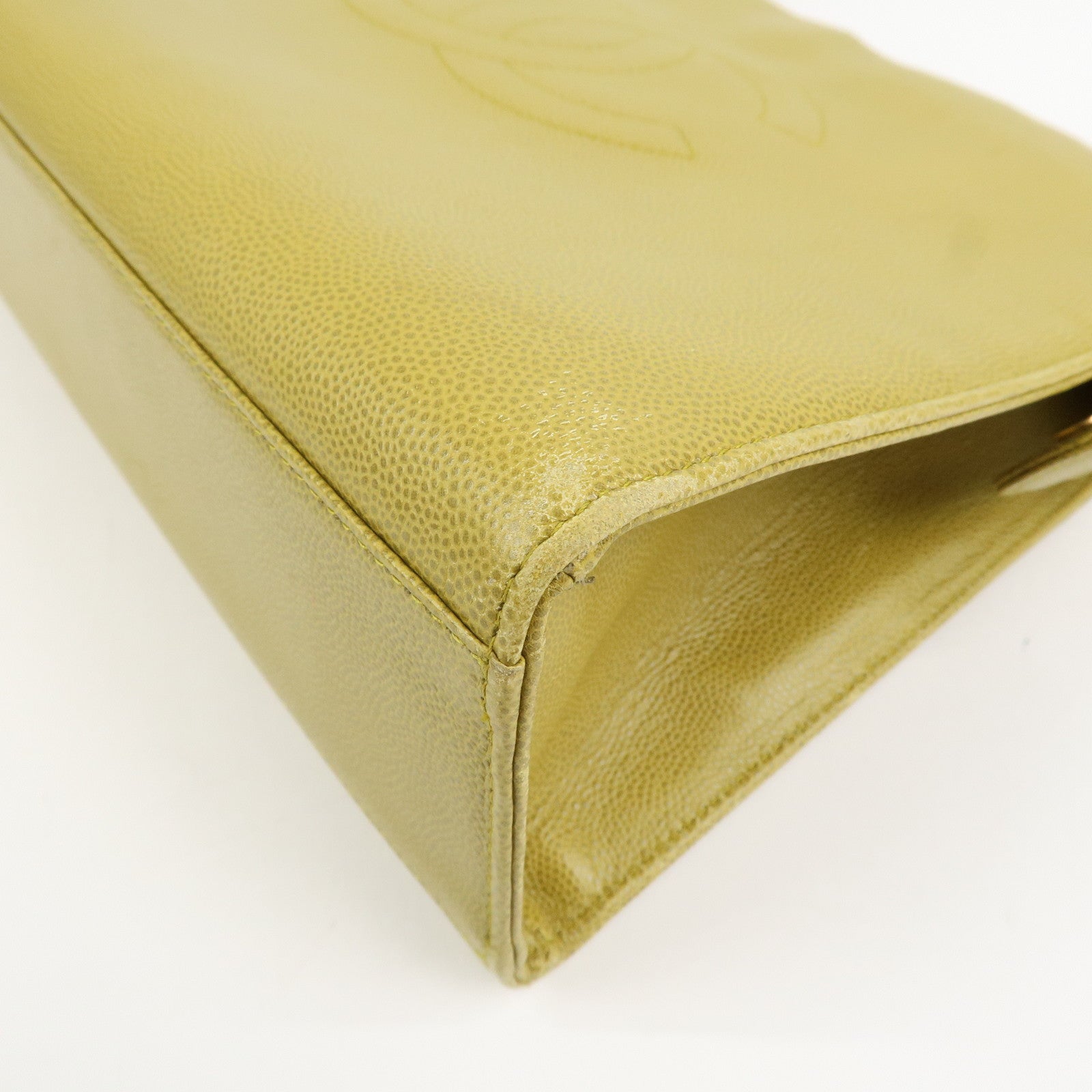 CHANEL COCO Mark Caviaskin Leather Tote Bag Hand Bag Yellow