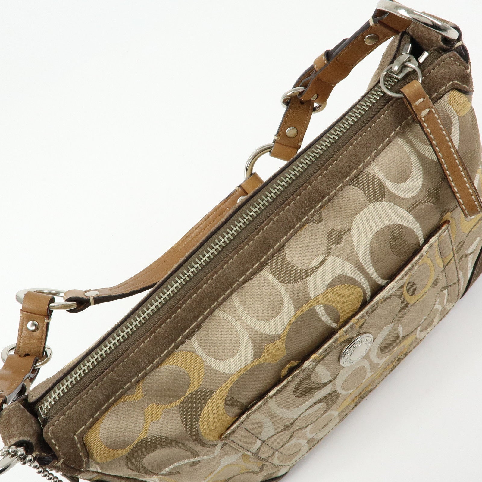 COACH Signature Canvas Suede Leather Shoulder Bag Beige Brown