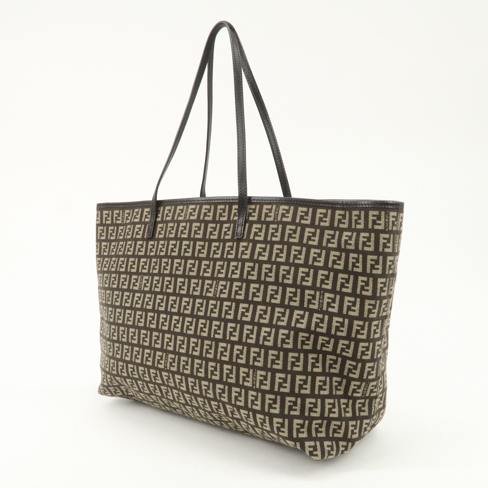 FENDI Zucchino Canvas Leather Tote Bag Beige Brown 8BH104