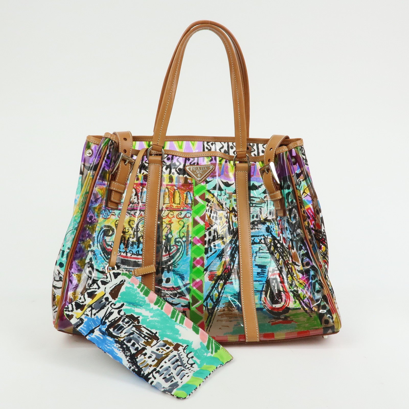 PRADA Venetian Print PVC Leather Tote Bag Clear Multicolor BR2515