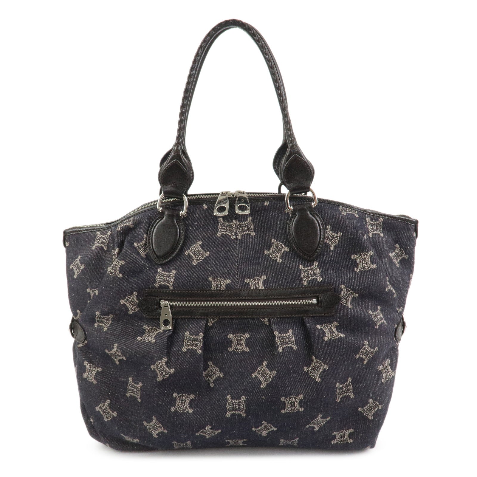 CELINE Macadam Denim Leather Tote Bag Hand Bag Navy Dark Brown