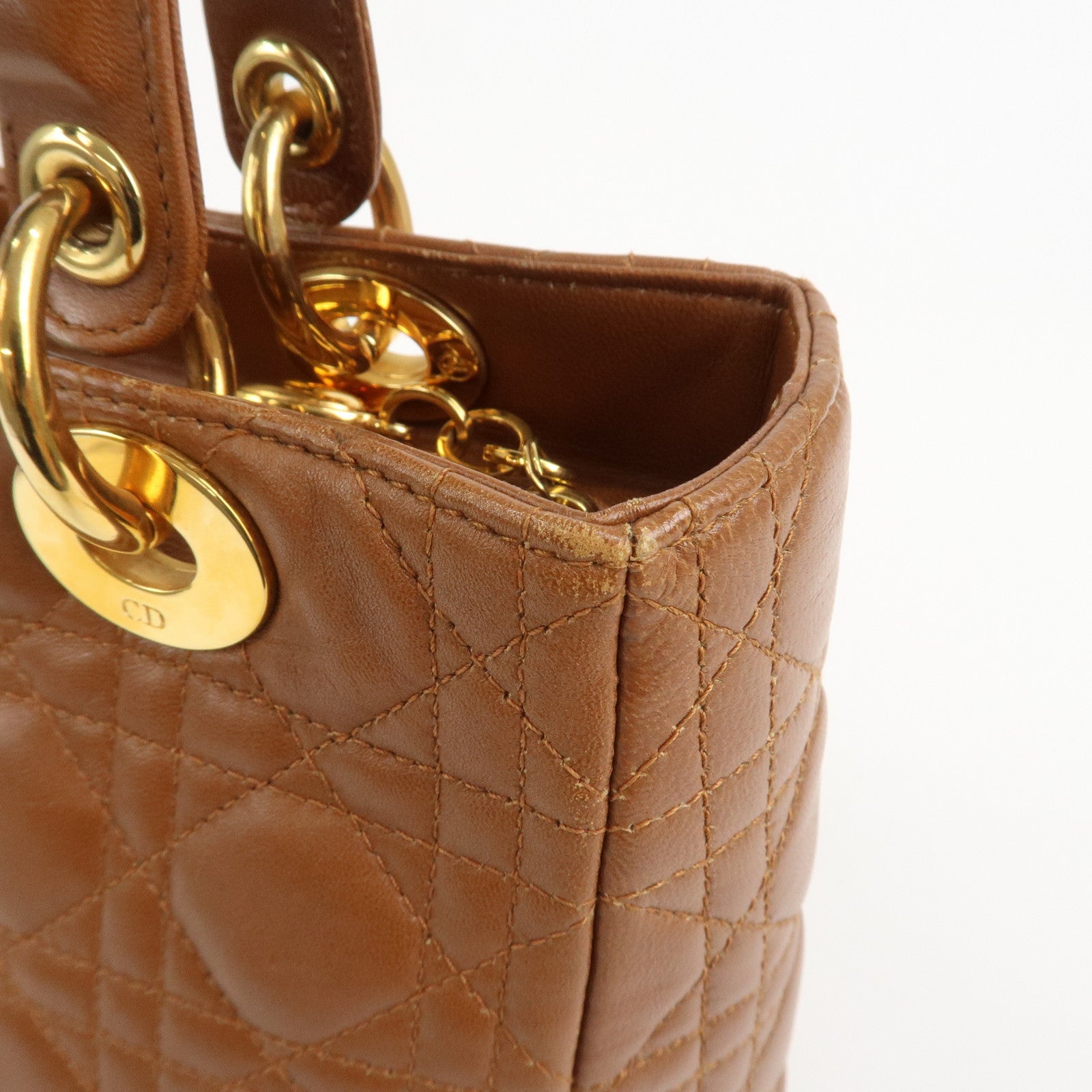 Christian Dior Canage Lady Dior Lamb Skin Hand Bag Tote Bag Brown