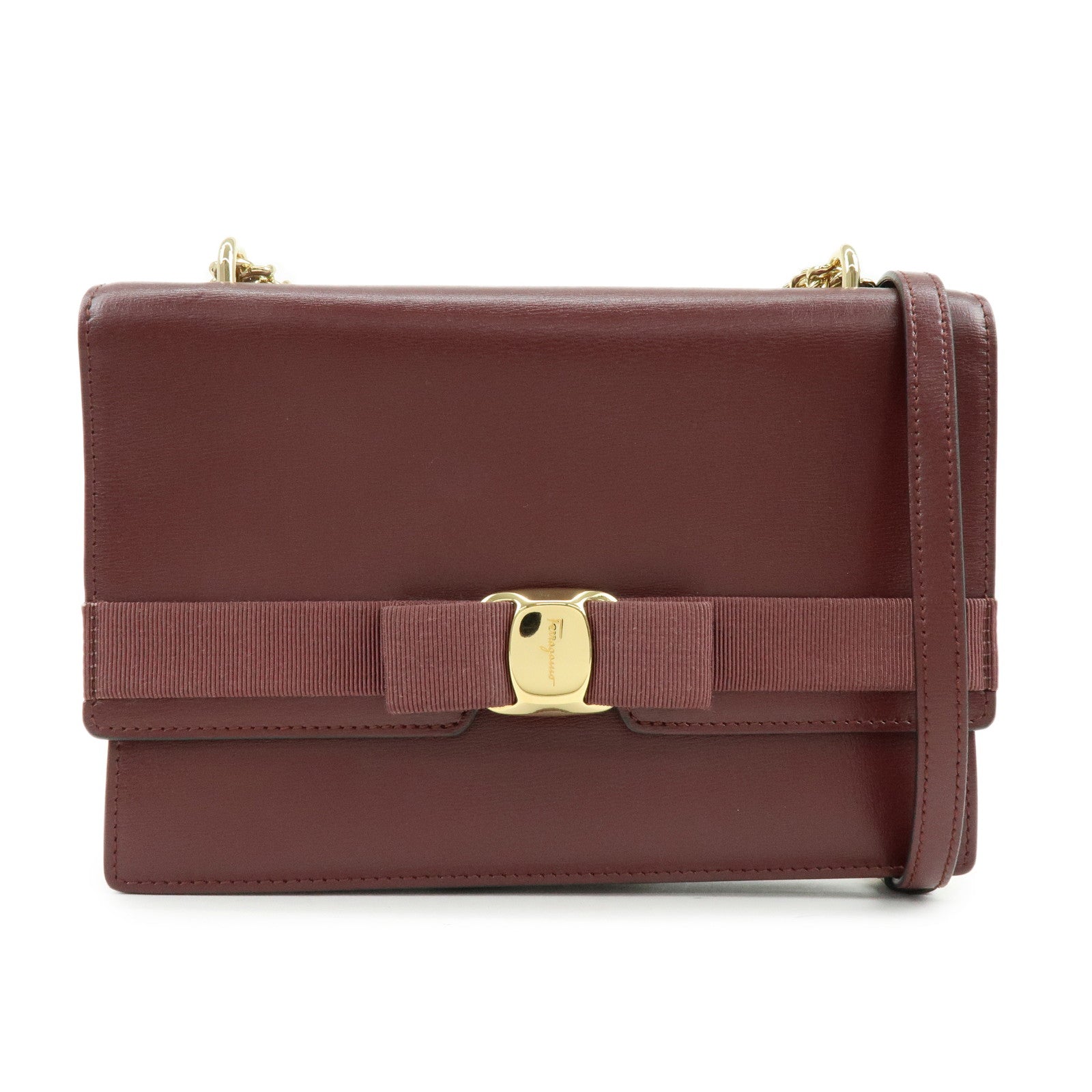 Ferragamo Vara Ribbon Leather Chain Shoulder Bag Bordeaux