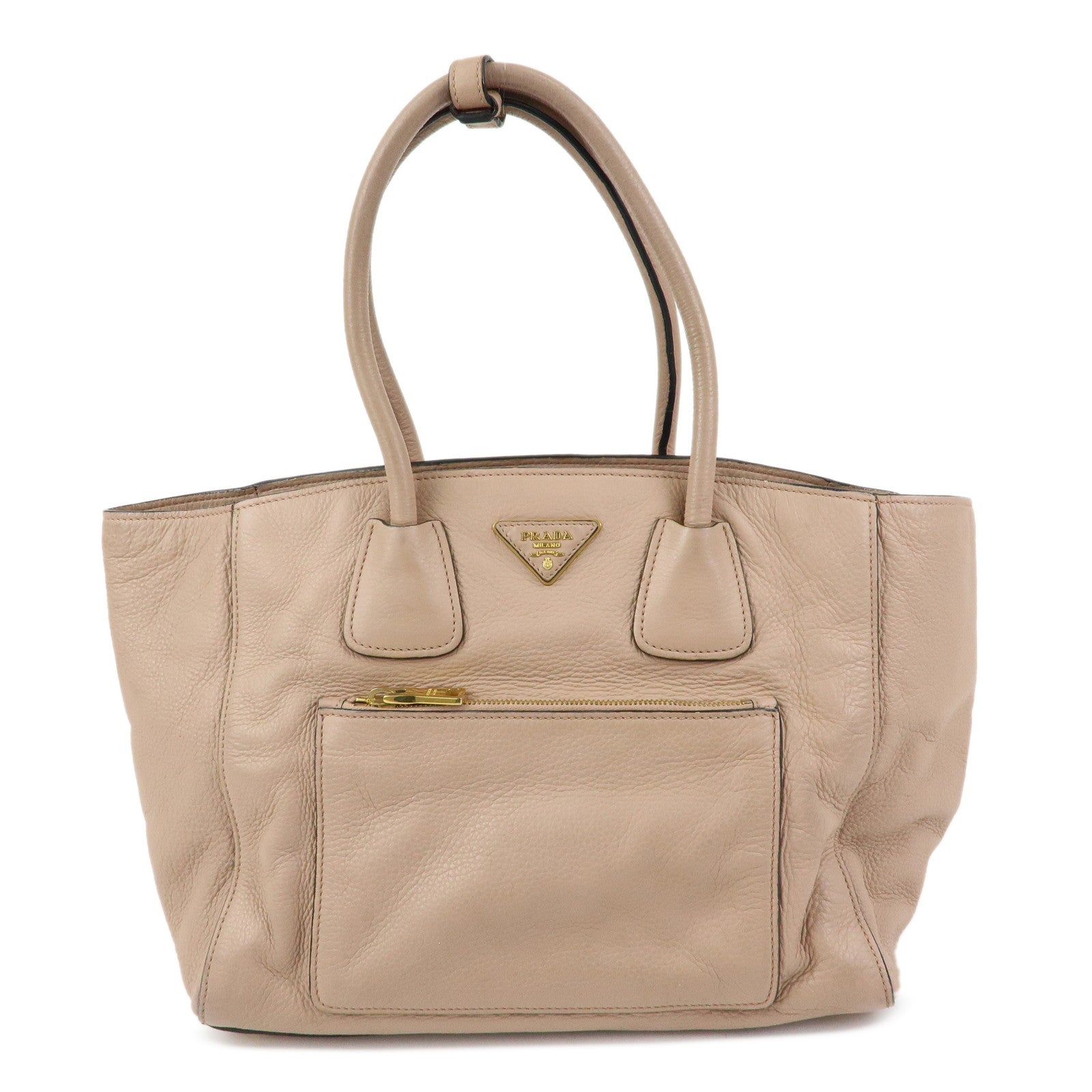 PRADA Triangle Logo Leather Tote Bag Shoulder Bag Pink Beige