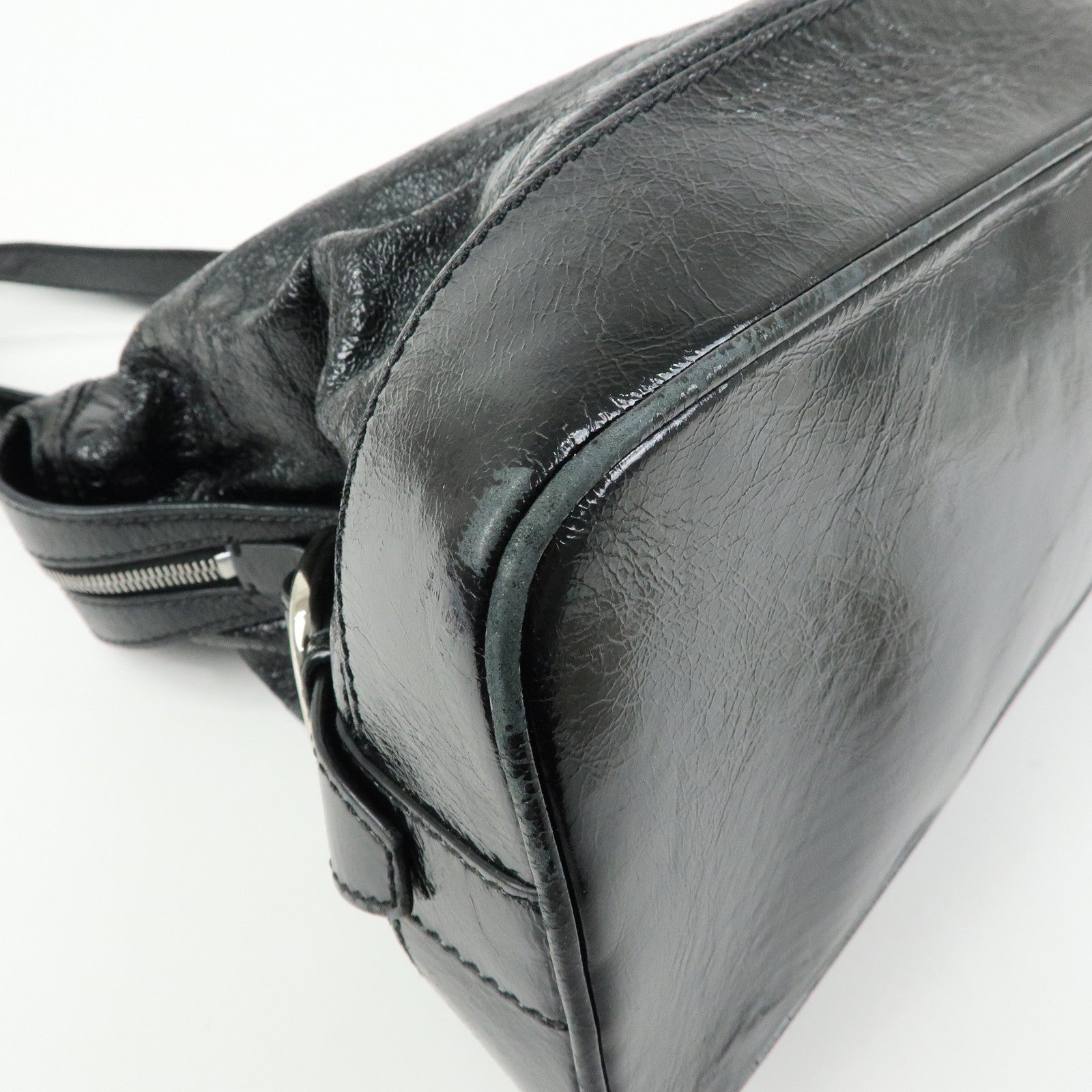 CELINE Patent Leather Macadam Stamped Boston Bag Hand Bag Black