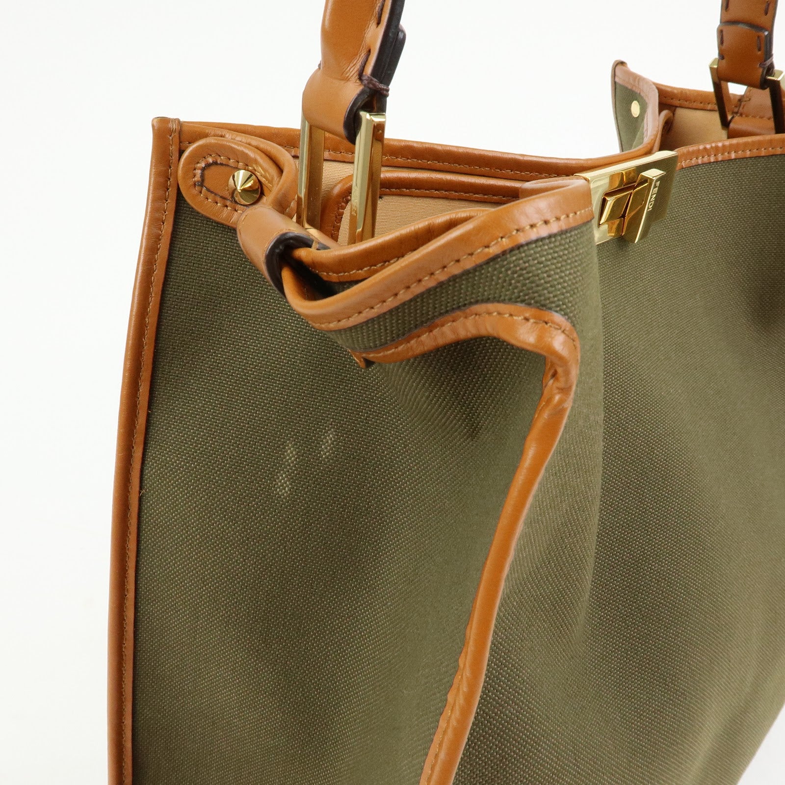 FENDI Peekaoo Canvas Leather Hand Bag Khaki Brown 8BN304
